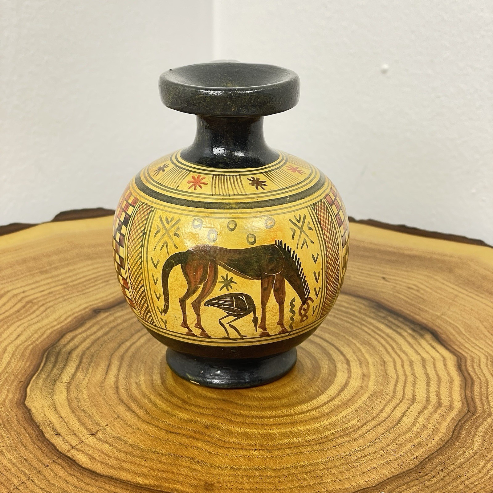 Miniature Greek Made Hand Painted Geometric Animal Pottery Ewer Vase