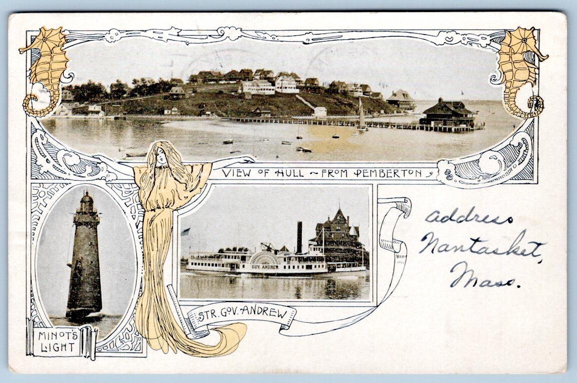 1905 HULL MASS FROM PEMBERTON MINOT\'S LIGHTHOUSE STEAMER GOV ANDREW POSTCARD