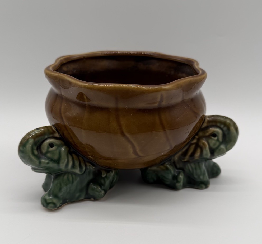 Elephant Planter Bowl Trunk Up Green Brown  Pottery Ceramic Porcelain 5” Tall