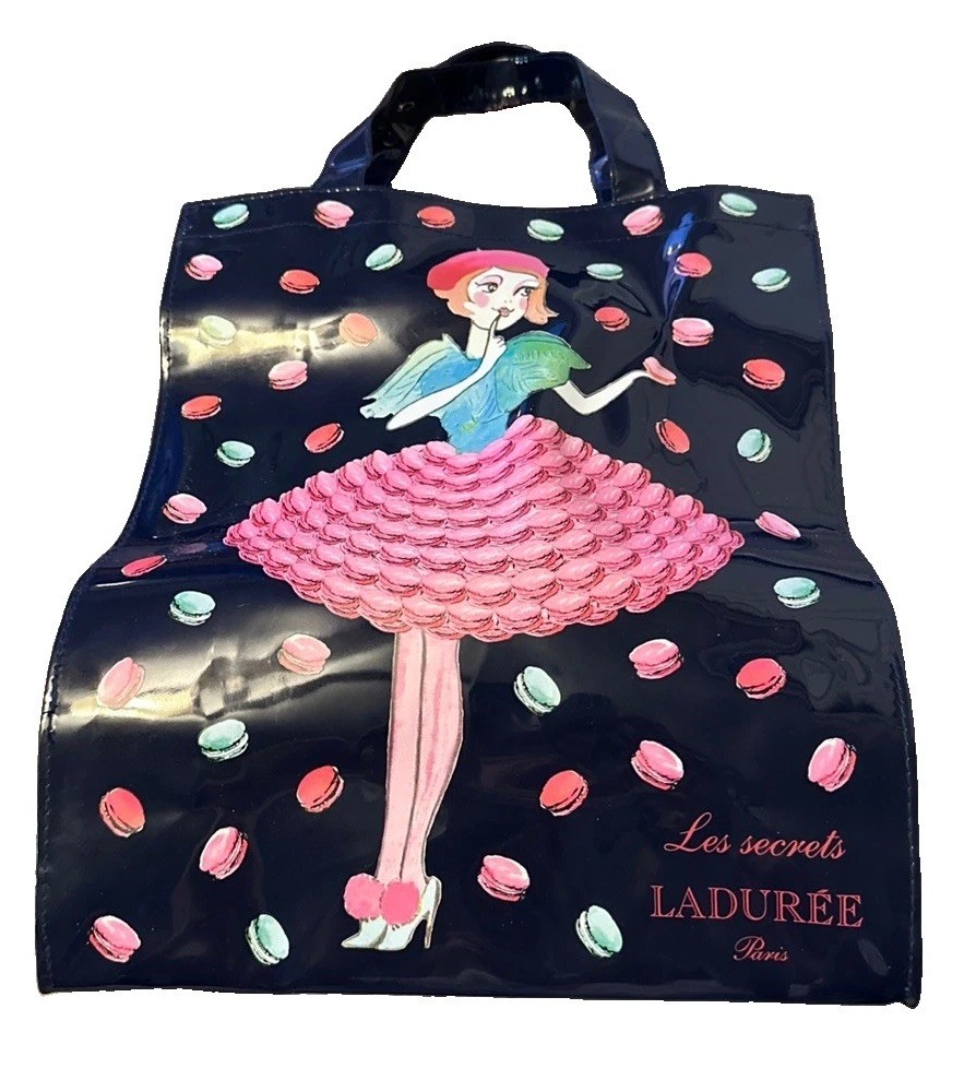 Rare Les Secrets LADUREE Paris Macaron Tote Bag Navy Patent Leather PVC Girl