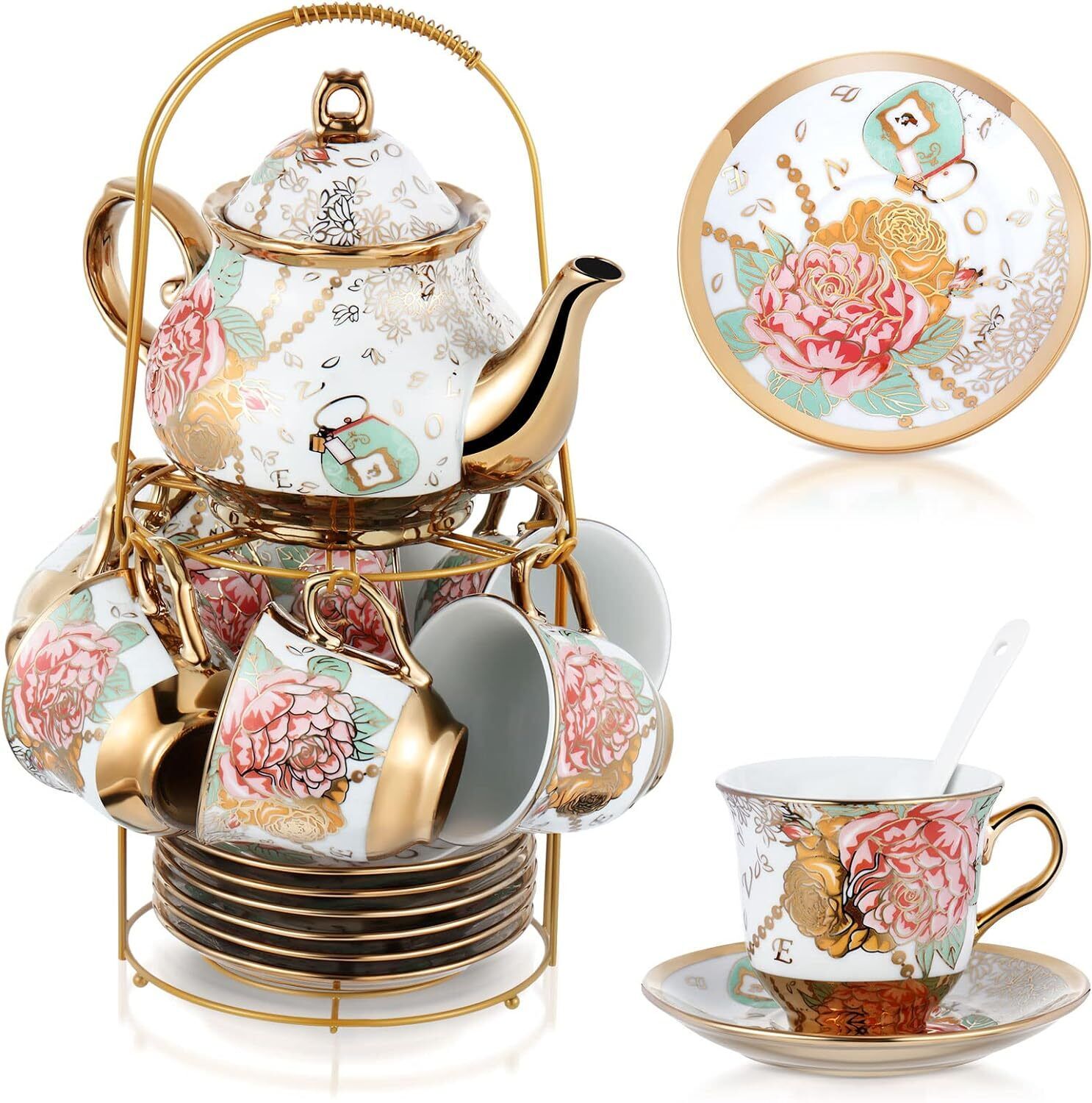 20 Pcs Porcelain Tea Set with Metal Holder Adult Ceramic Tea Party Set 