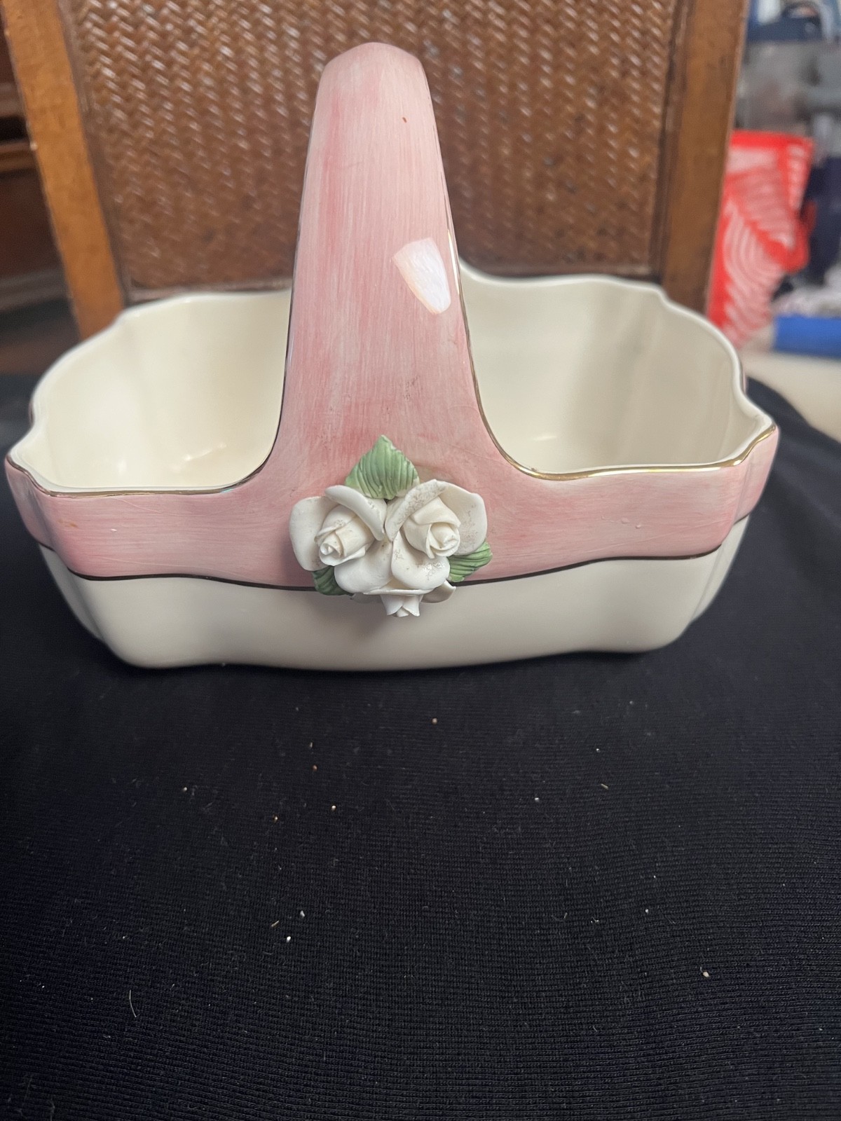 Vintage Teleflora Ceramic Basket Pink White Gold Trim Porcelain Roses Floral