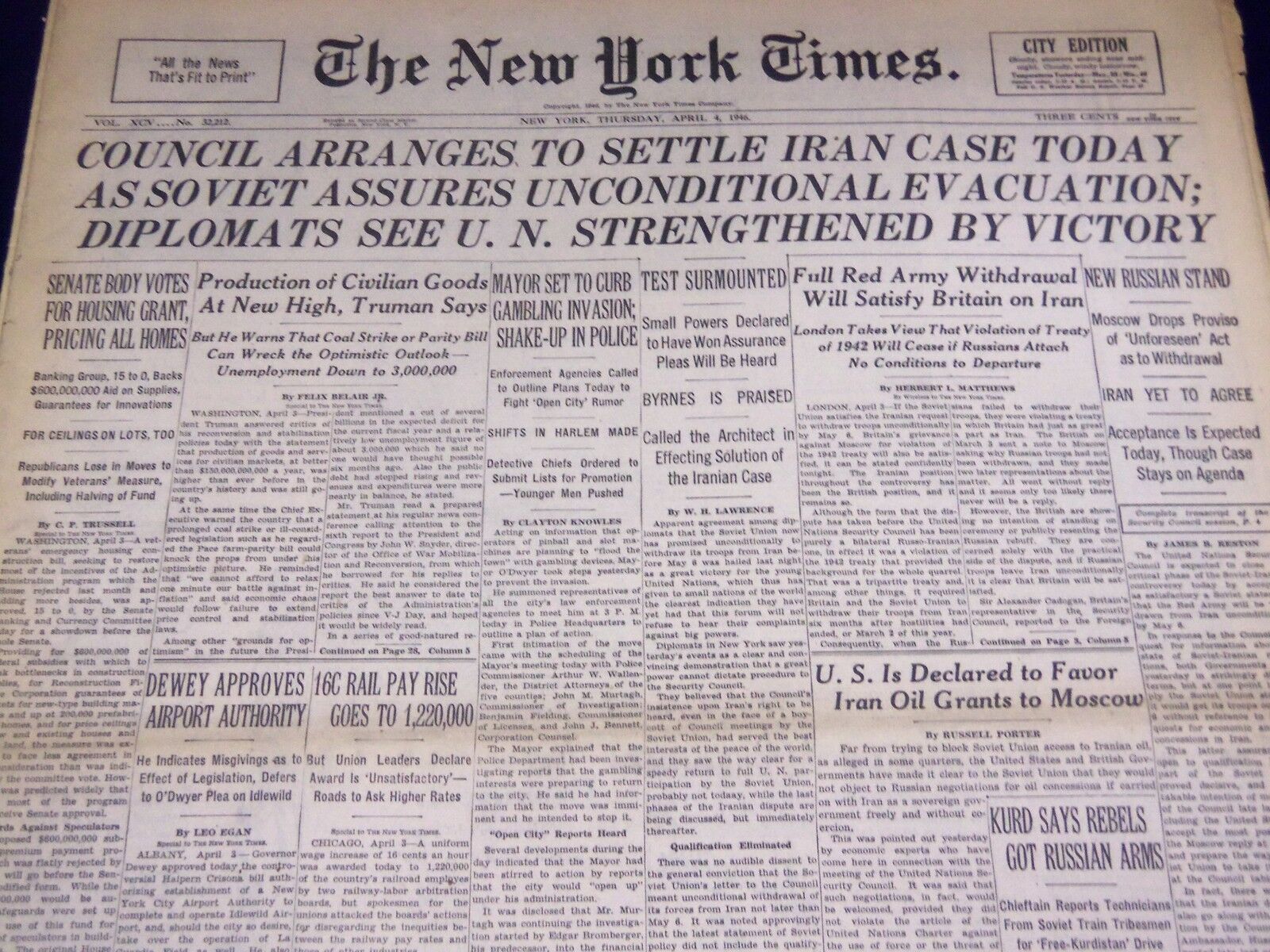 1946 APRIL 4 NEW YORK TIMES COUNCIL ARRANGES TO SETTLE IRAN CASE TODAY - NT 2339