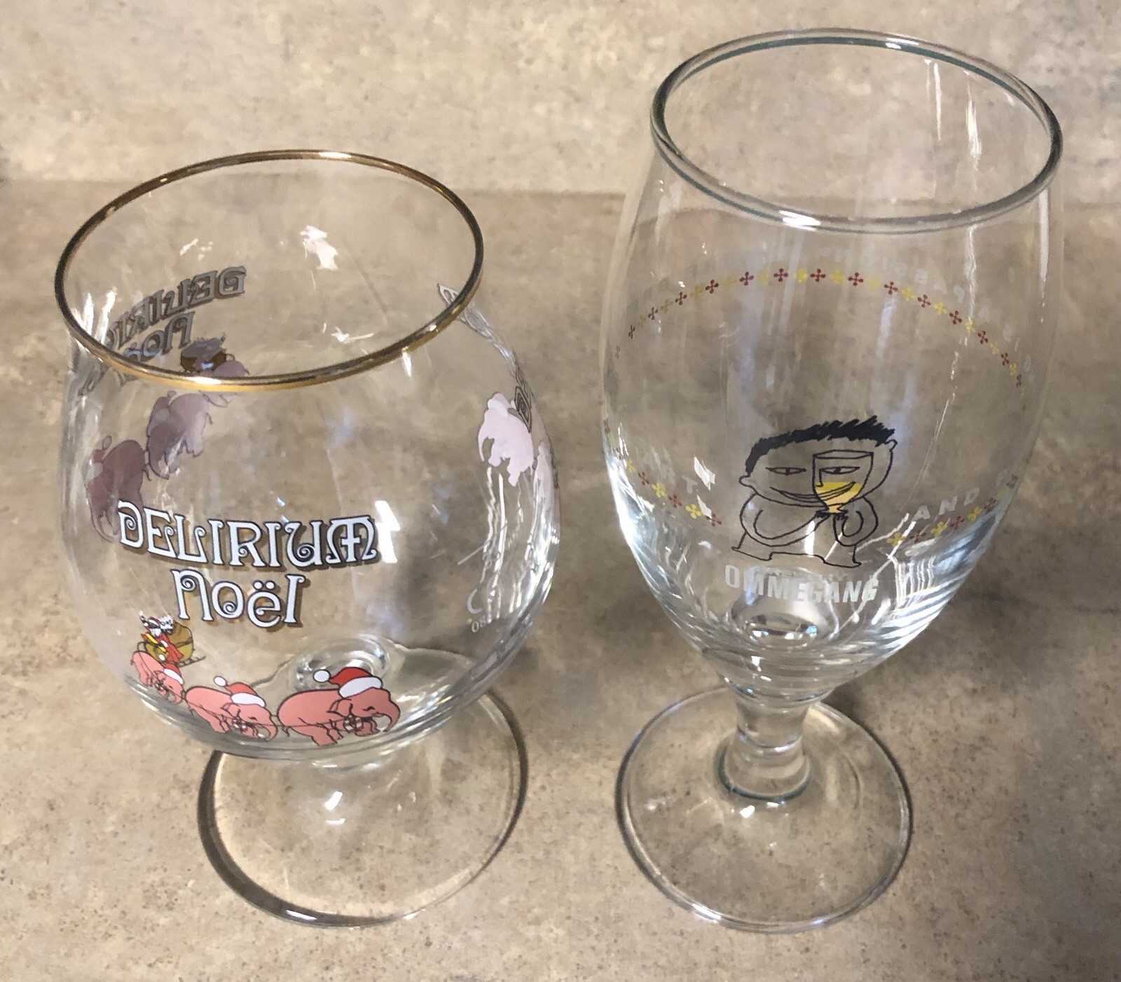 OMMEGANG Brewery & Delirium Noel Stemmed Tulip Beer Glasses New