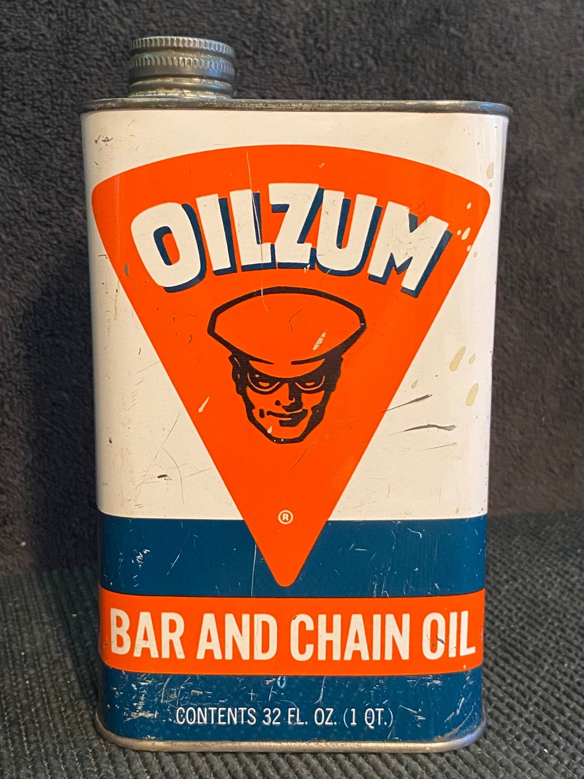 Vintage c. 1950's OILZUM Bar and Chain Oil tin metal Can - chainsaw display MUST