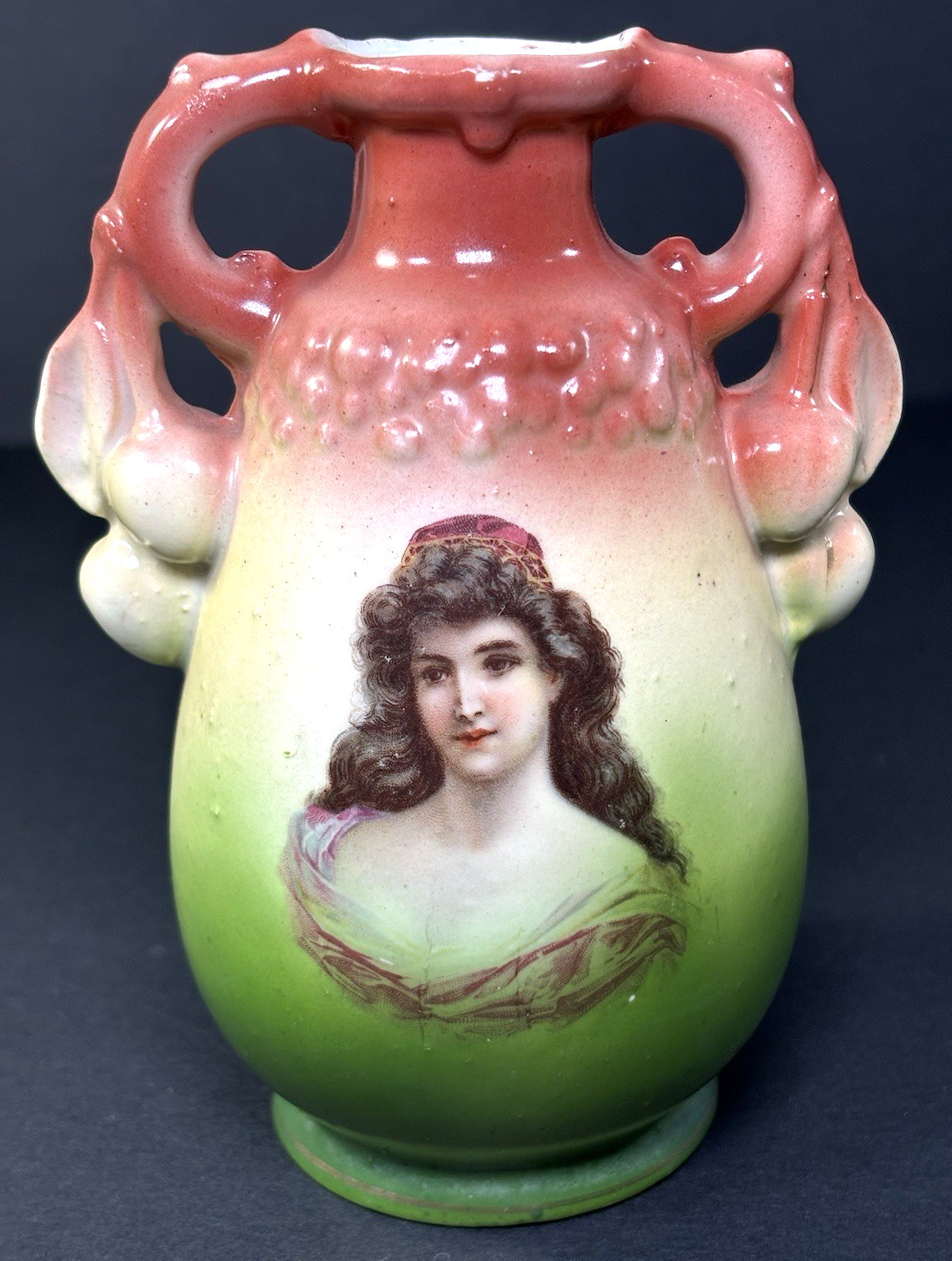Antique Victorian Vase Muse Lady Portrait Painted  Double Handle Ombre 5.5\
