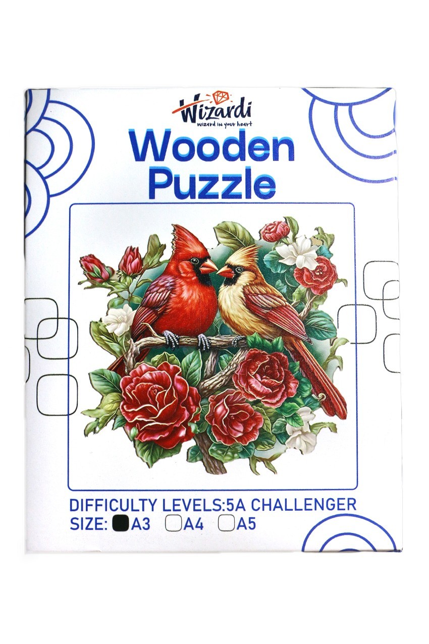 Cardinal and Roses - Jigsaw Wooden Puzzle by Wizardi F07N9-35 Cardinal and Roses - Jigsaw Wooden Puzzle by Wizardi F07N9-35