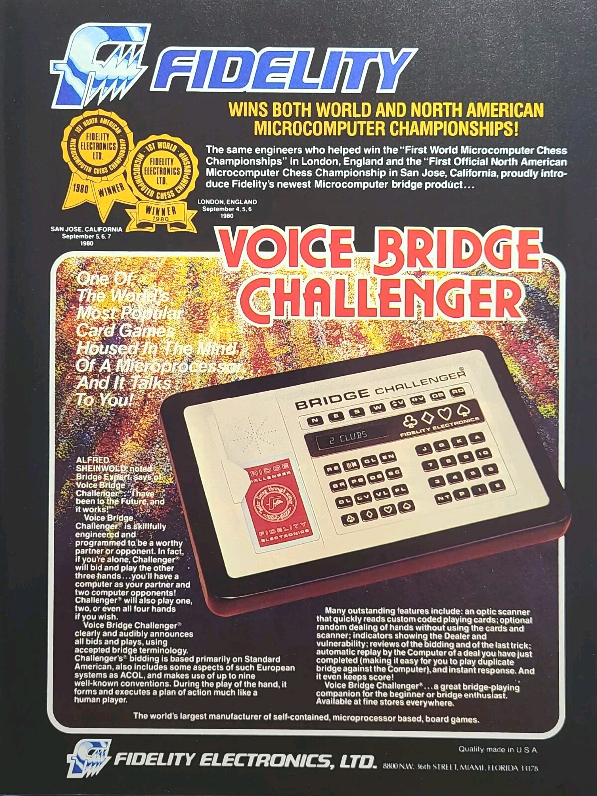 Fidelity Electronics Microcomputer Voice Bridge Miami FL Vintage Print Ad 1980
