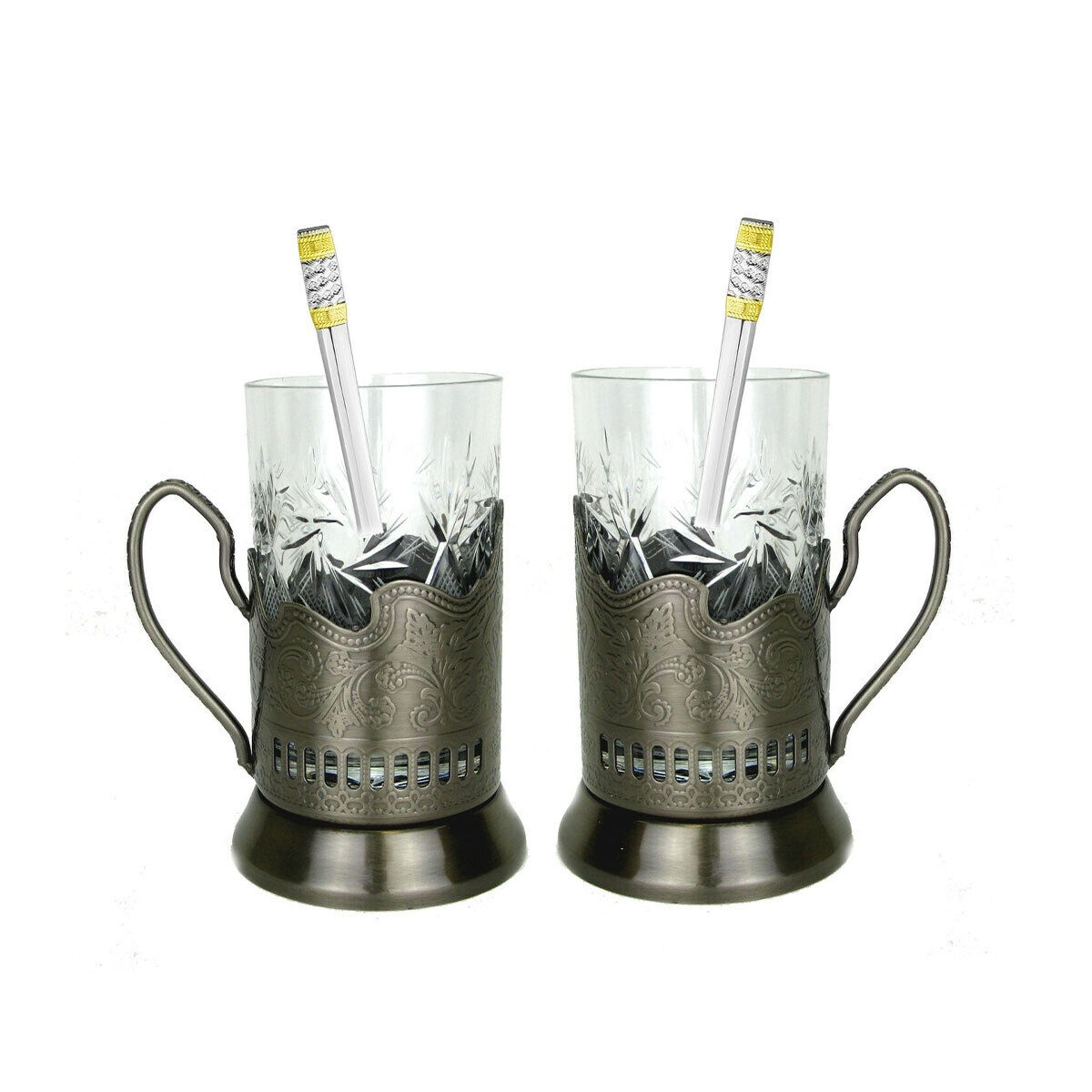 6-pc Set Russian Tea Glass Holders Podstakannik & Cut Crystal Glasses & Spoons