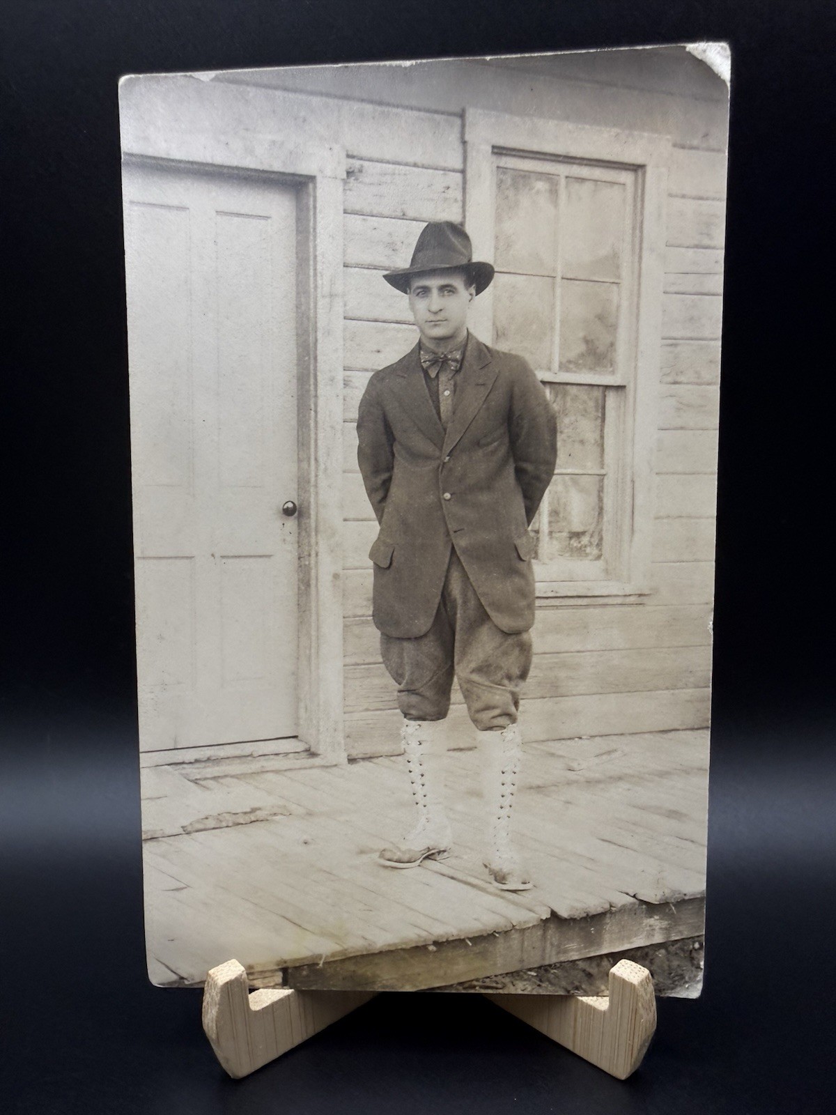 Antique RPPC  Postcard 1910s Menswear High Lace Boots Jodhpurs Bowtie Fedora