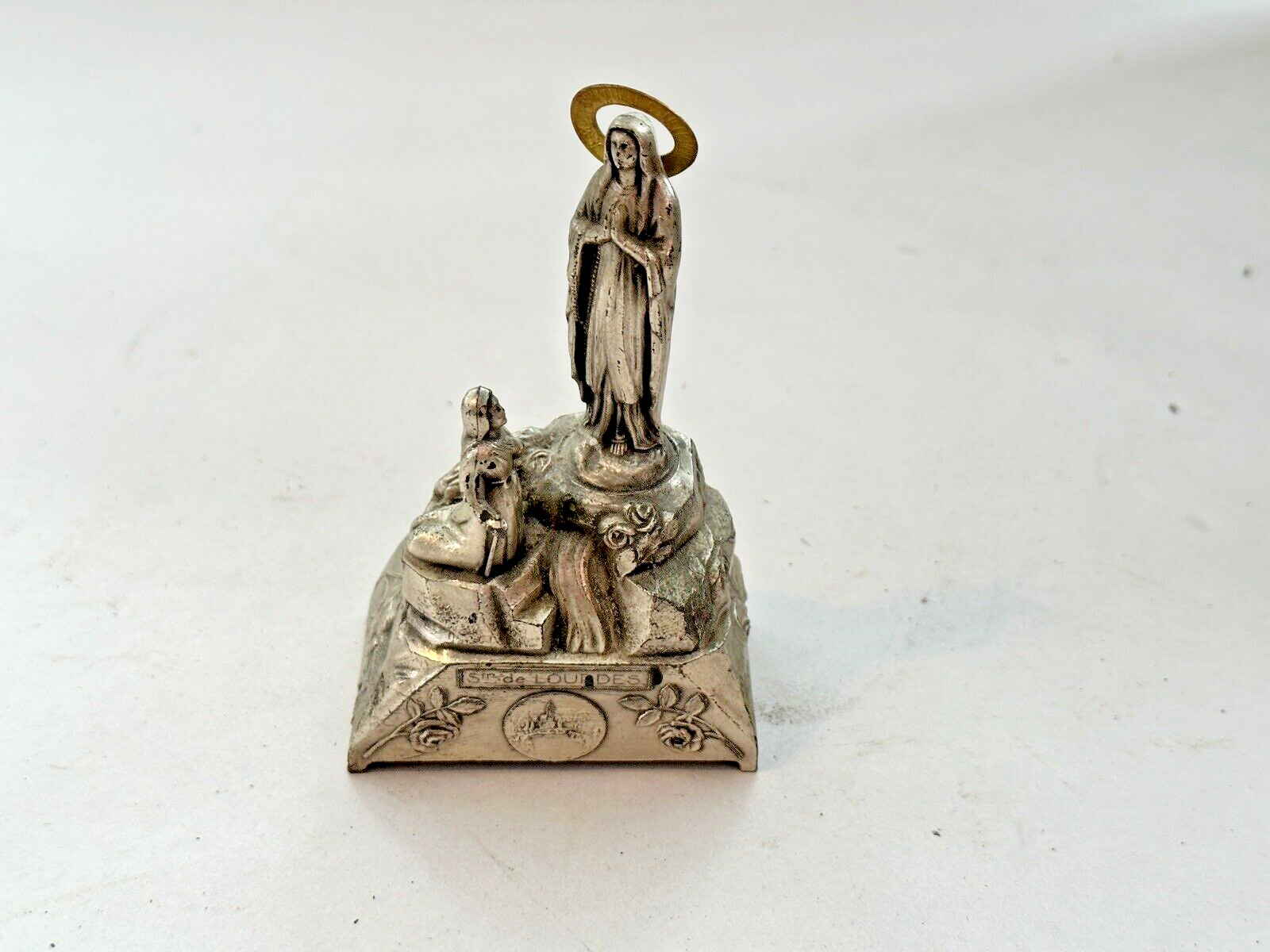 Vintage Silver-Tone Religious Figurine St. de Lourdes Our Lady Virgin Mary