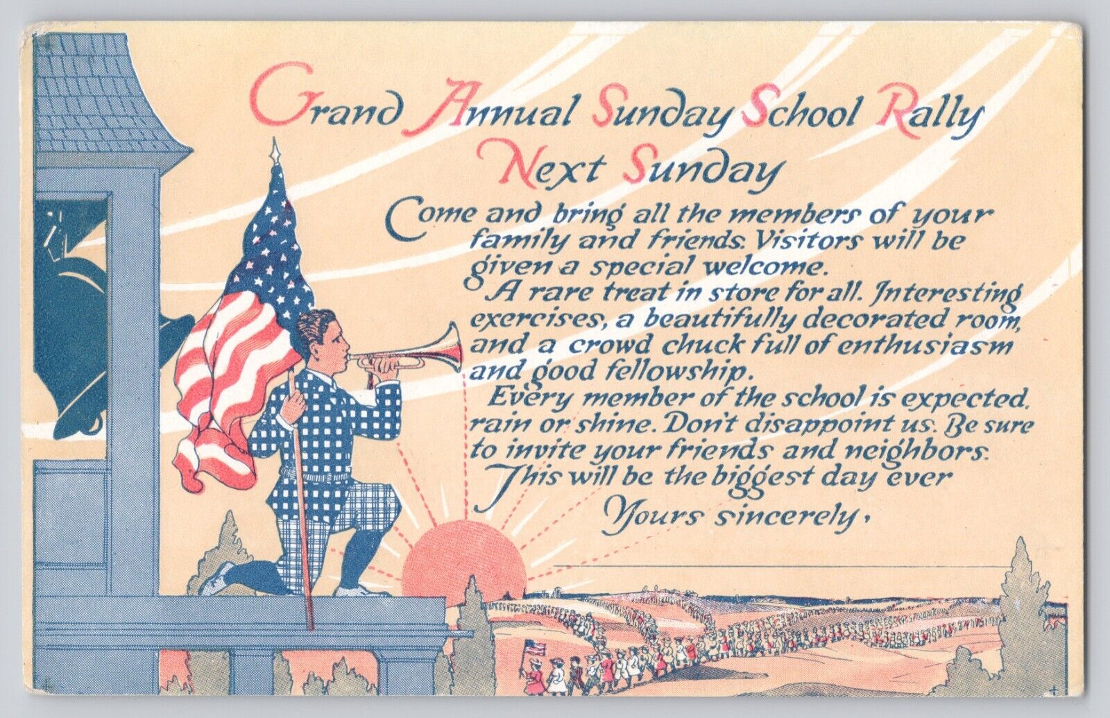 Postcard Patriotic Rally Day Sunday School 1916 Bugler w/ Flag Children Parade