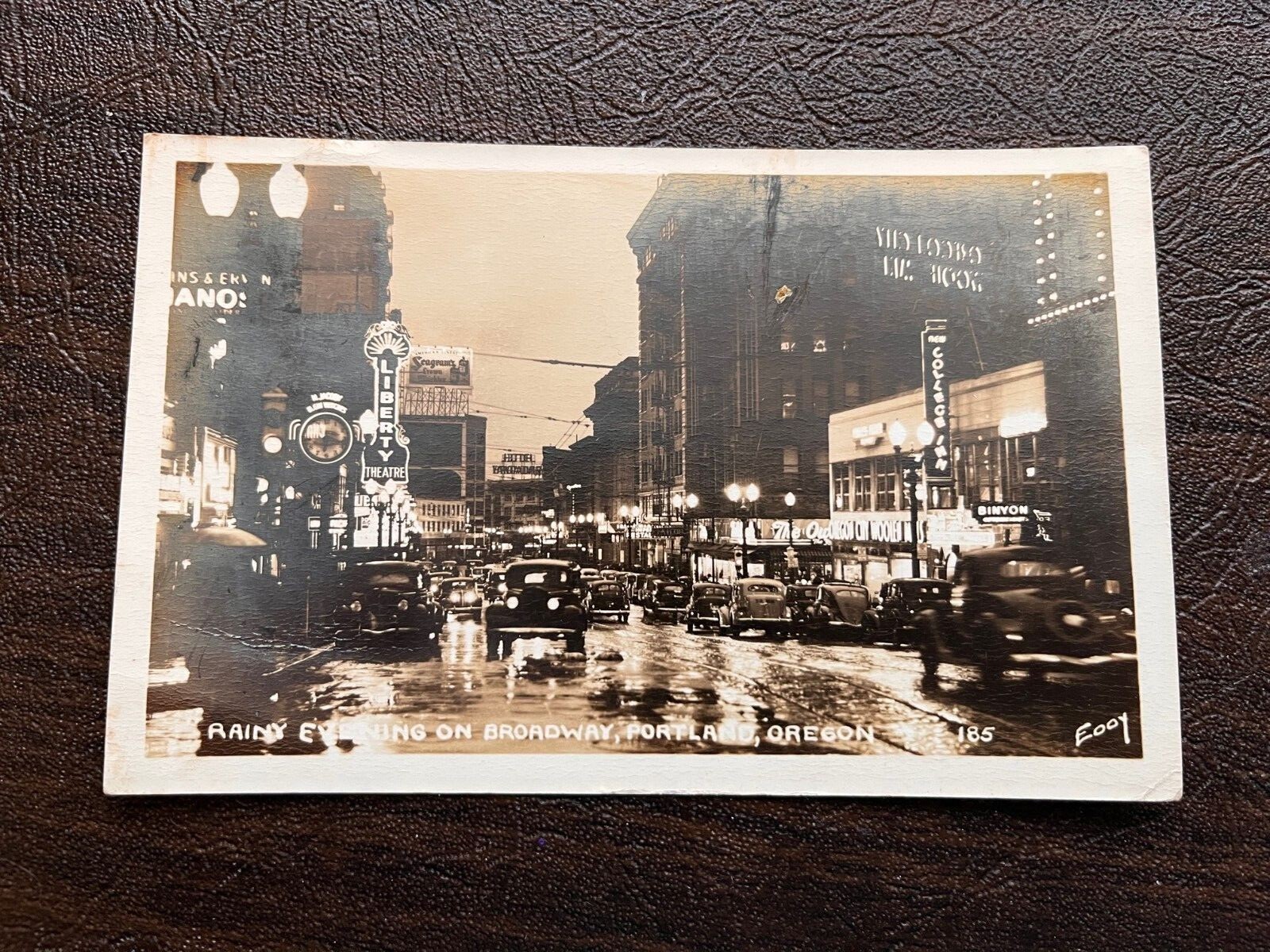 RPPC Portland Oregon Downtown Street Scene Broadway on Rainy Night 1946