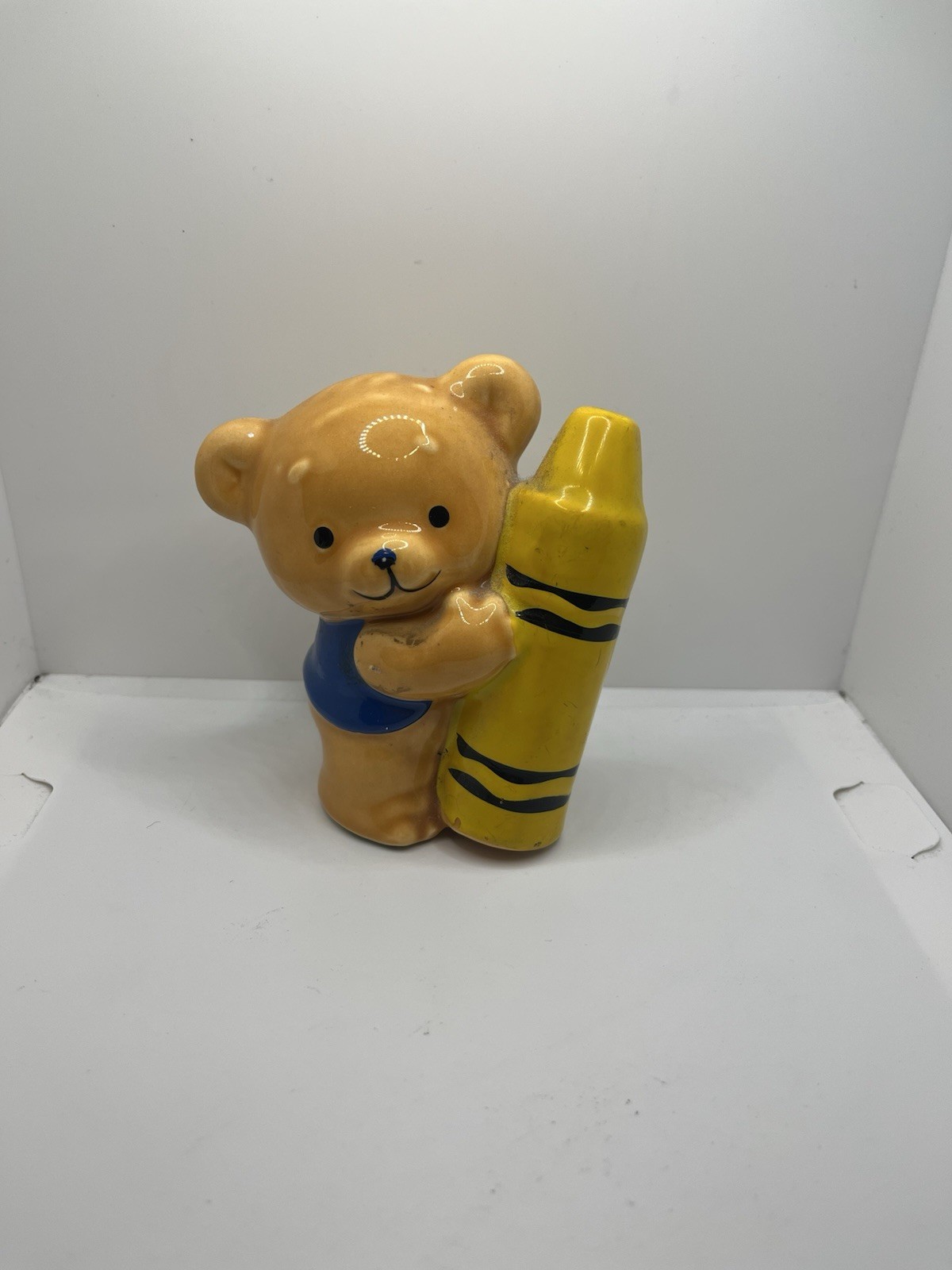Vintage Teddybank Ceramic Bear Holding Yellow Crayon Coin Bank Nursery Decor