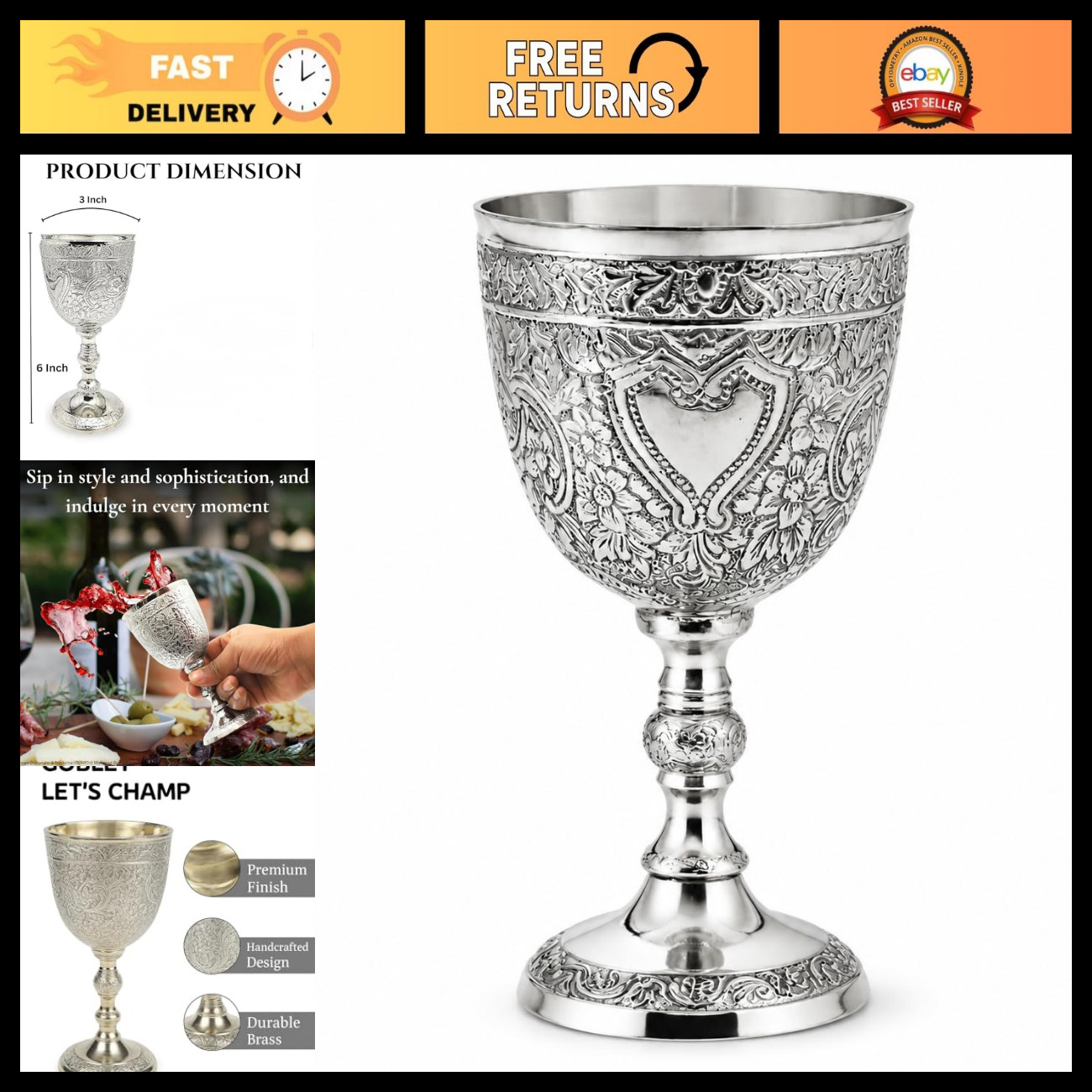 Vintage Brass Wine Goblet Chalice - Decorative Communion Cup with Embossed Desig
