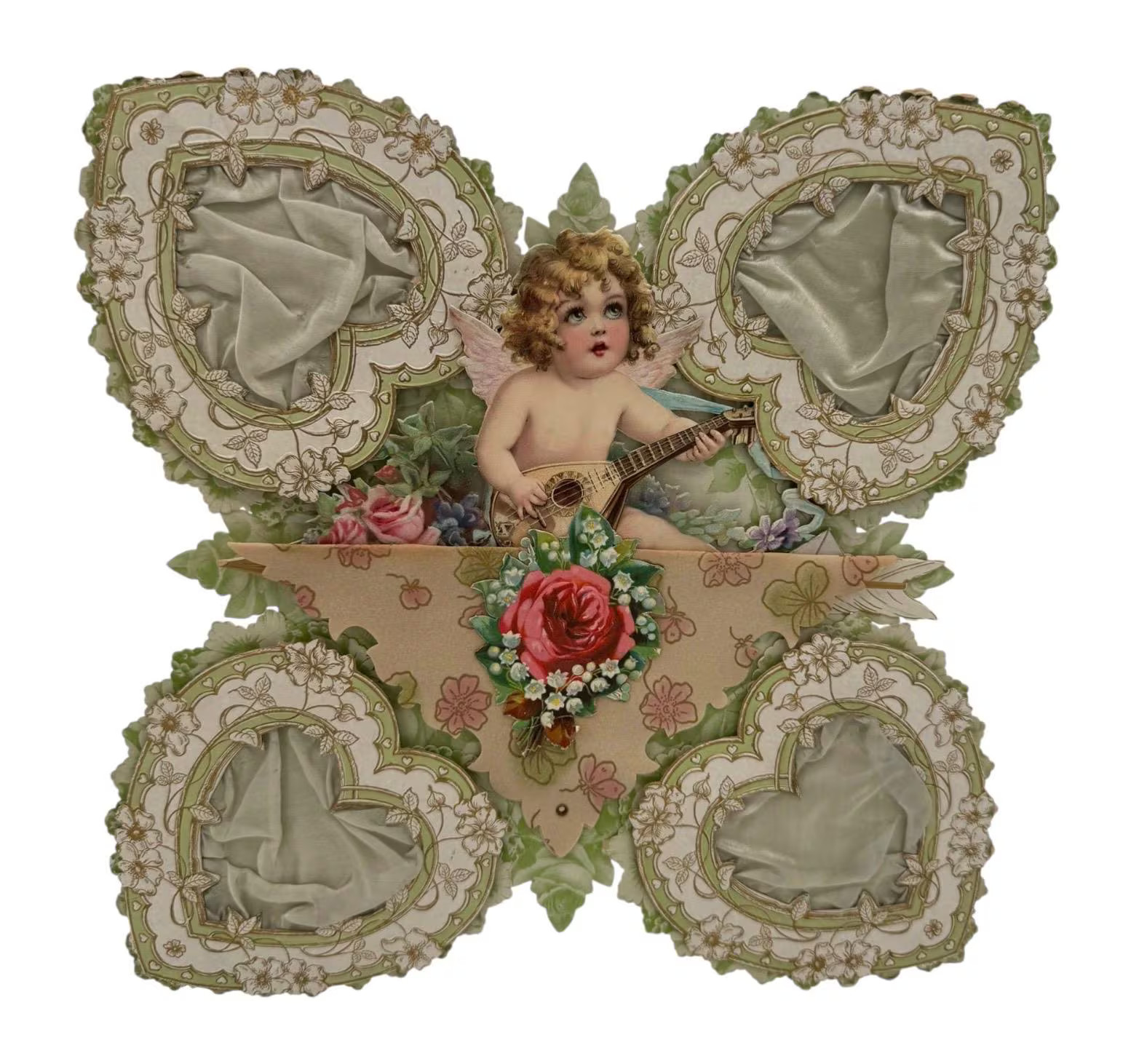 Antique Large Valentine Stand Up Card with Diecuts and Fabric