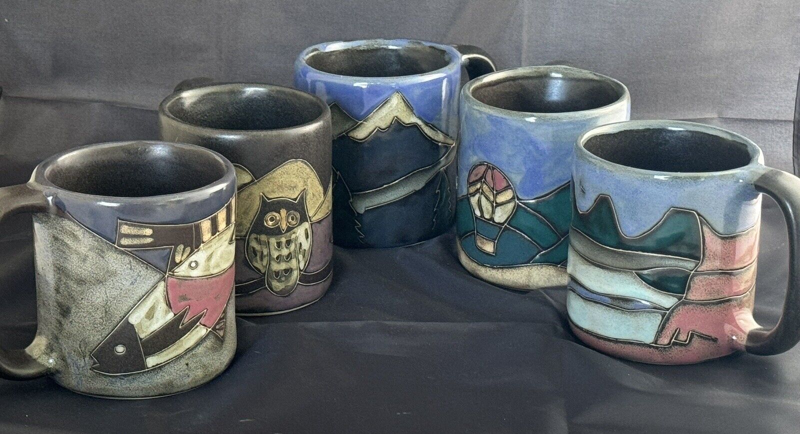 New Set of 5 Design By Mara Ceramic Pottery Large Coffee Cup Mugs Signed