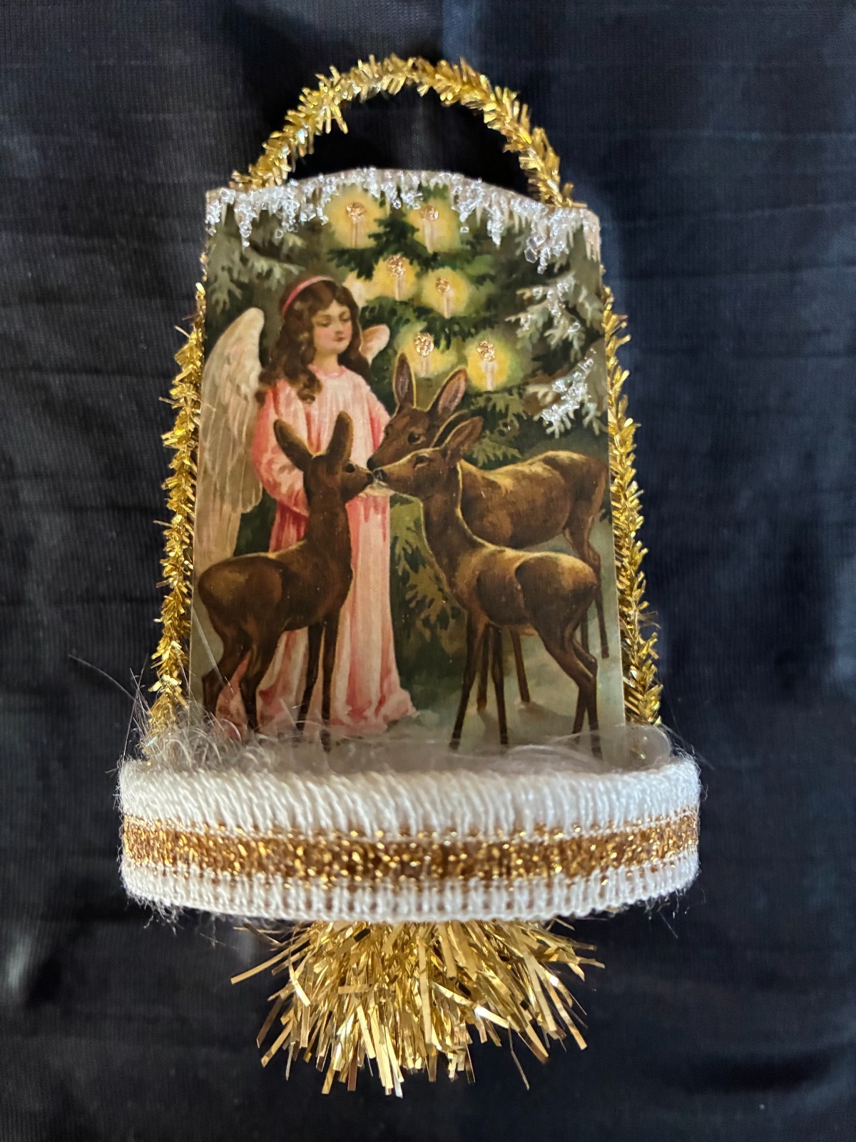 Antique Look Scrap Christmas Ornament, ANGEL Feeding DEER, Tree, Handmade Antique Look Scrap Christmas Ornament, ANGEL Feeding DEER, Tree, Handmade