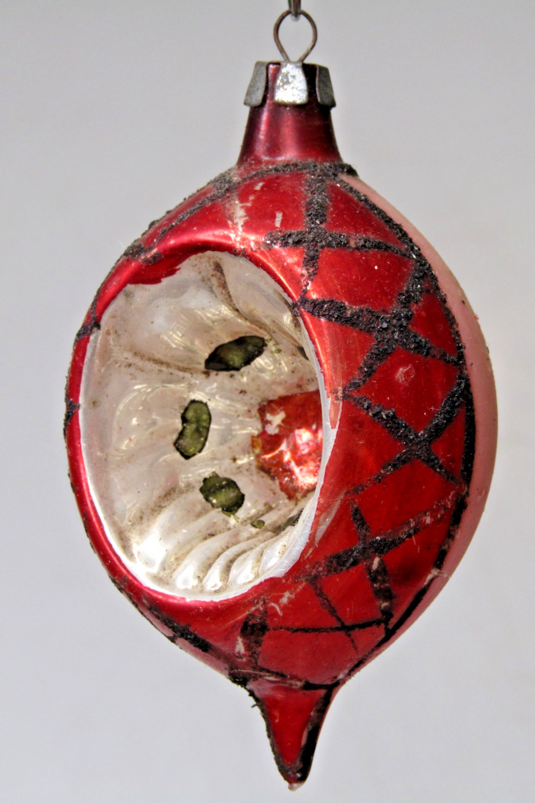 VTG 50's Glass Indent BELL w BOW Pictured Glitter DROP Christmas Ornament Poland