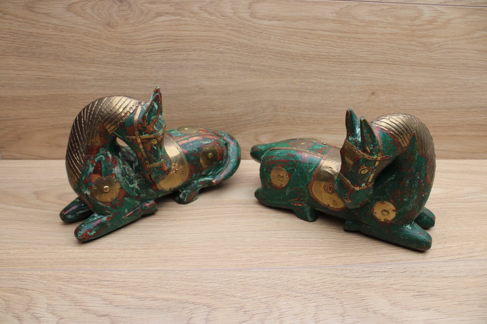 Pair Indian Rajasthani Carved Wood Brass Horse Statues Folk Art Decor