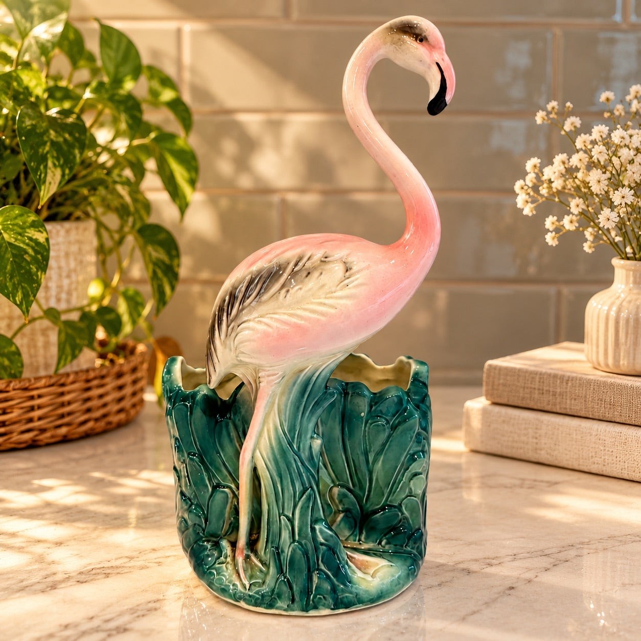 Vintage Napco Japan Pink Flamingo Planter 9