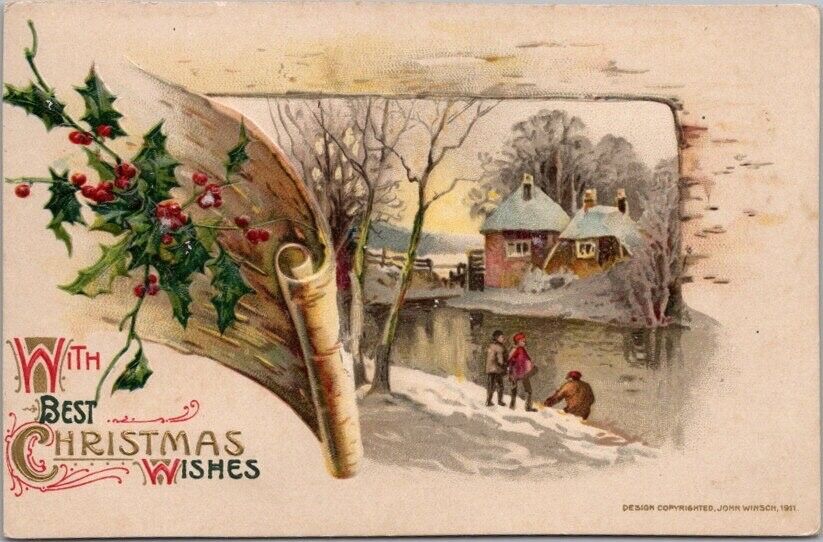 Vintage  1910s Winsch MERRY CHRISTMAS Embossed Postcard / Winter River Scene