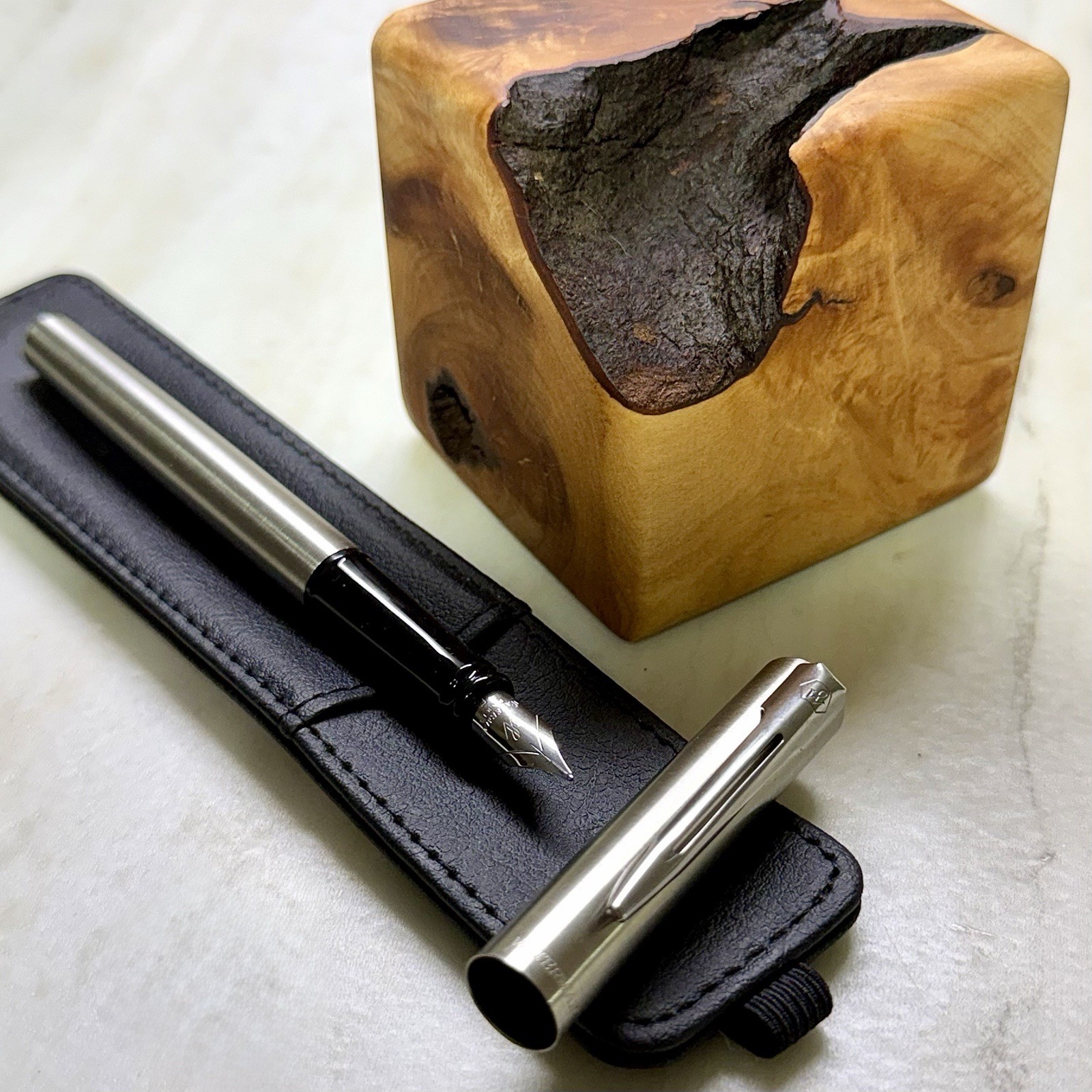 Waterman Graduate Fountain Pen Brushed Chrome CT Fine Nib F With Leather Pouch