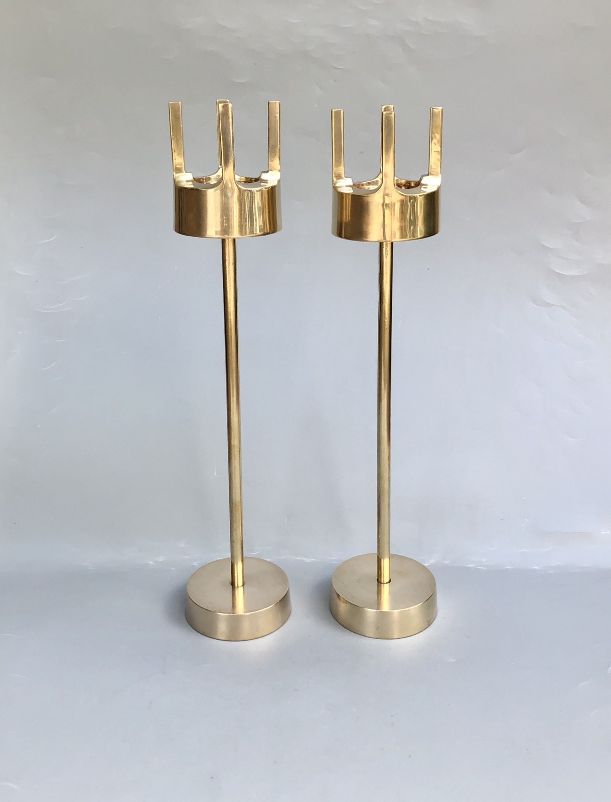 Vintage MCM After Pierre Forsell Brutalist Tall Crown Brass Candle Holders 14”