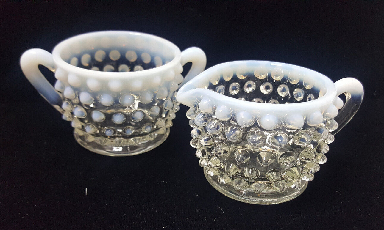 Vintage Fenton Hobnail Opalescent Moonstone Glass Creamer & Sugar Set~2