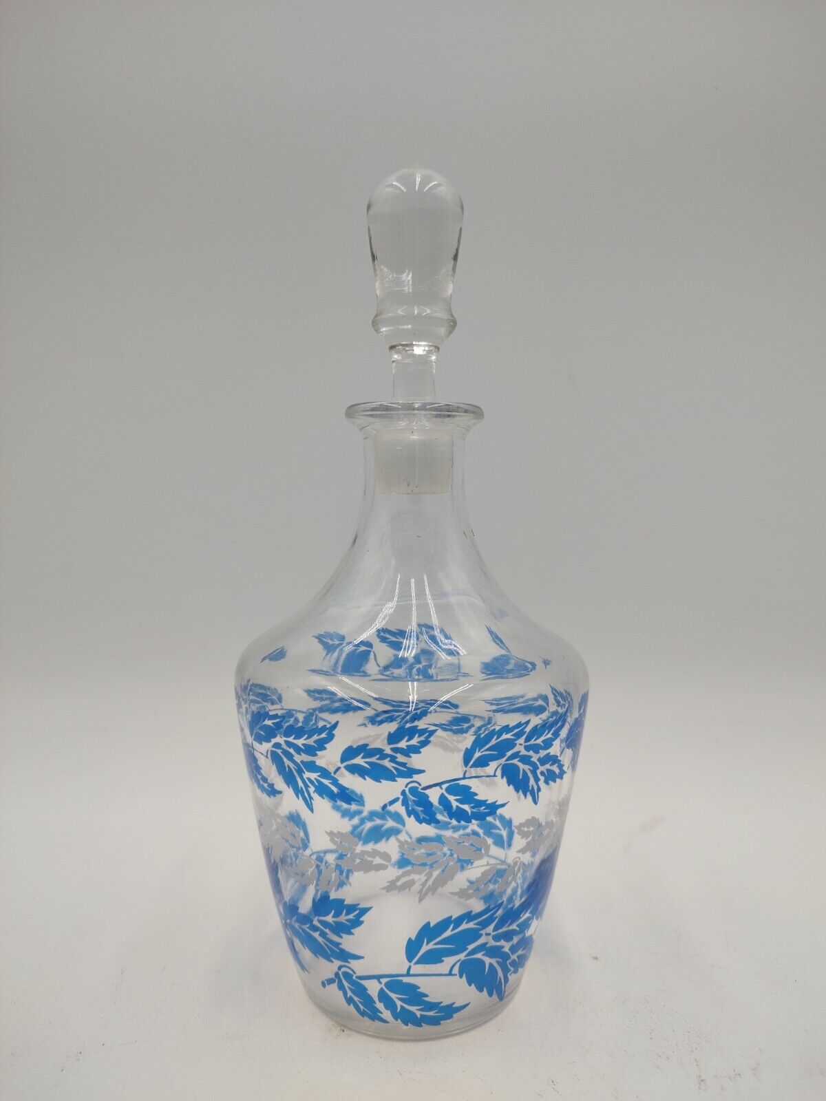 Vintage Luminarc France Glass Decanter Blue Floral Pattern Clear Stopper