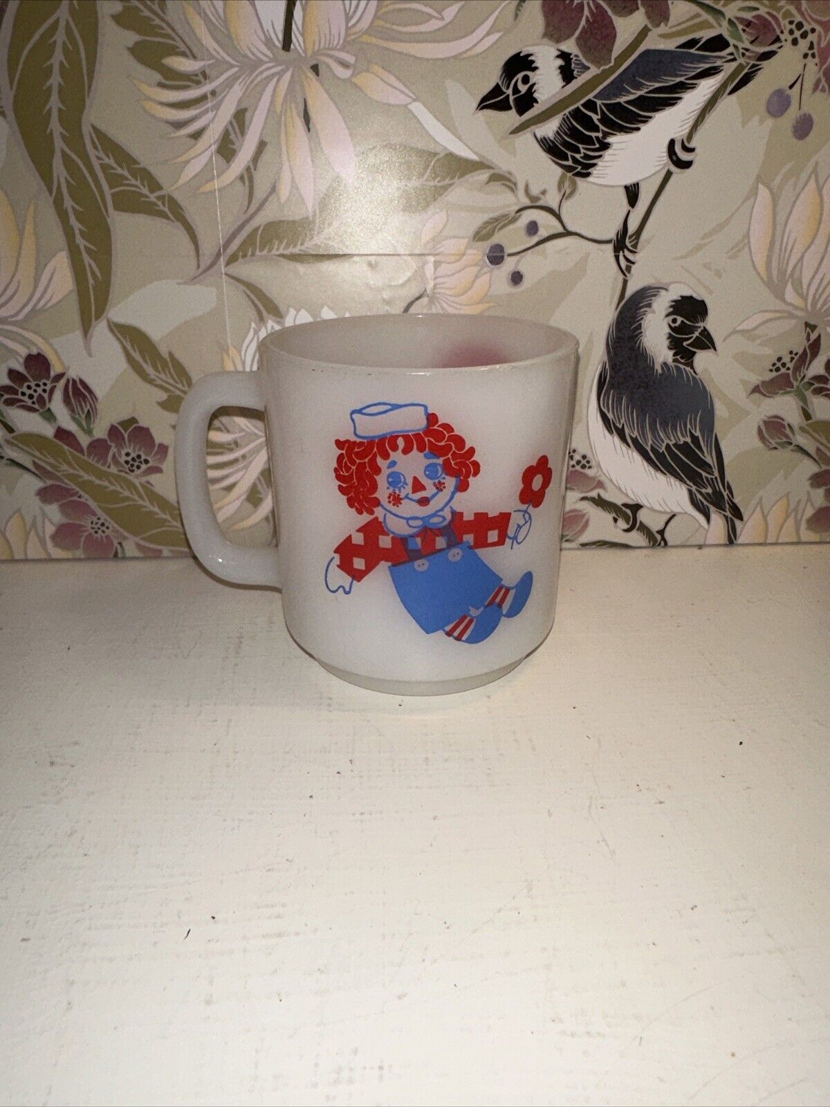 Vintage Raggedy Ann and Andy Milk Glass Coffee Cup Mug By Glasbake