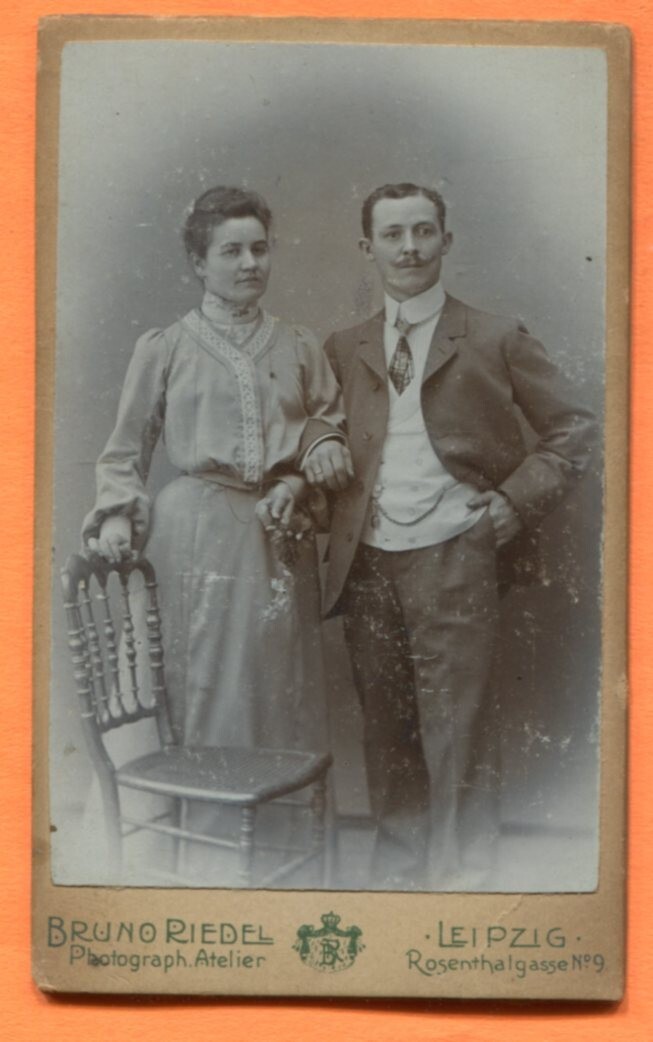 CDV Leipzig, Germany, Portrait of a Couple, by Riedel, circa 1890s Backstamp