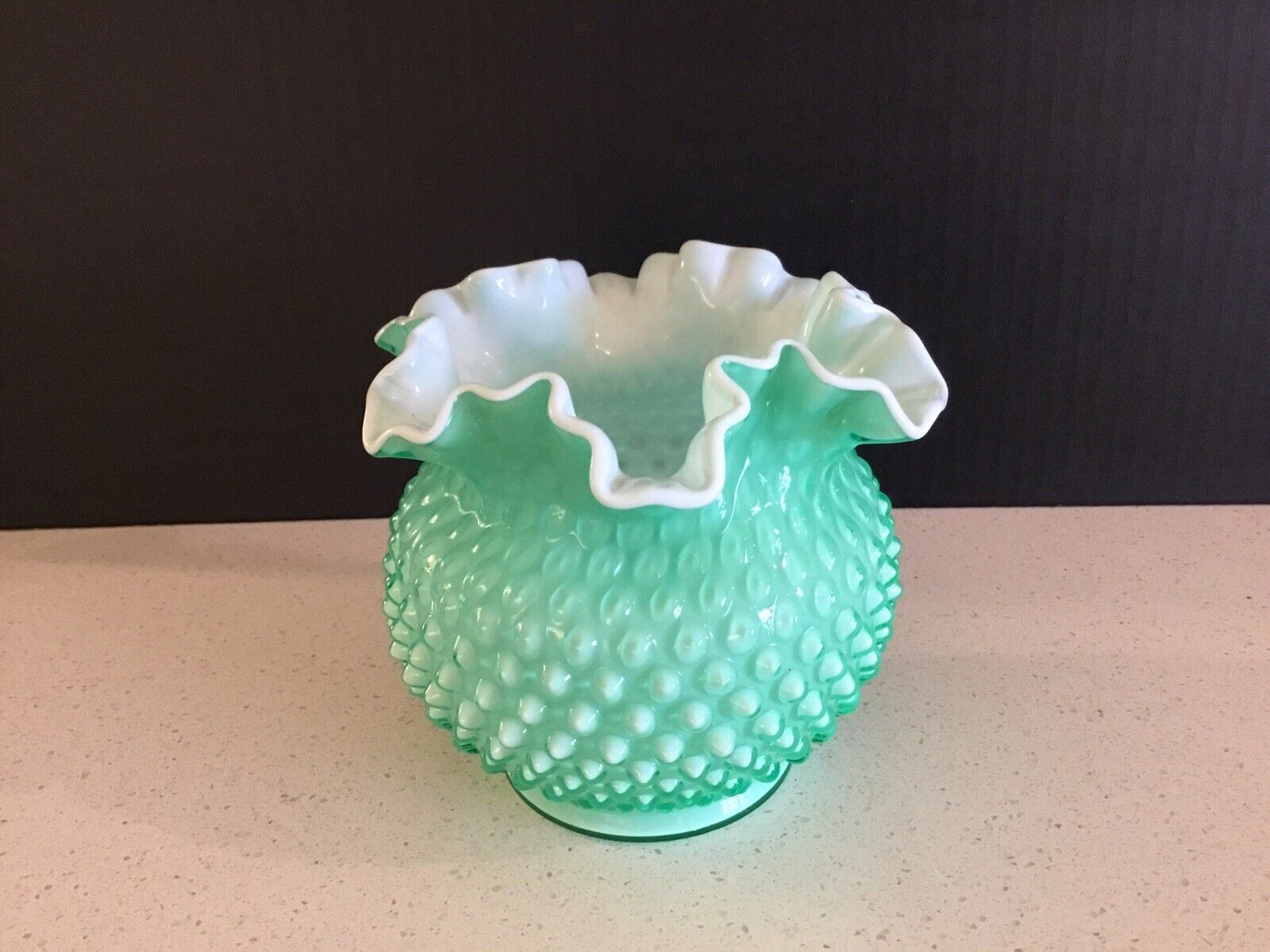 Fenton Vintage Hobnail Opalescent Apple Green and White Rose Bowl