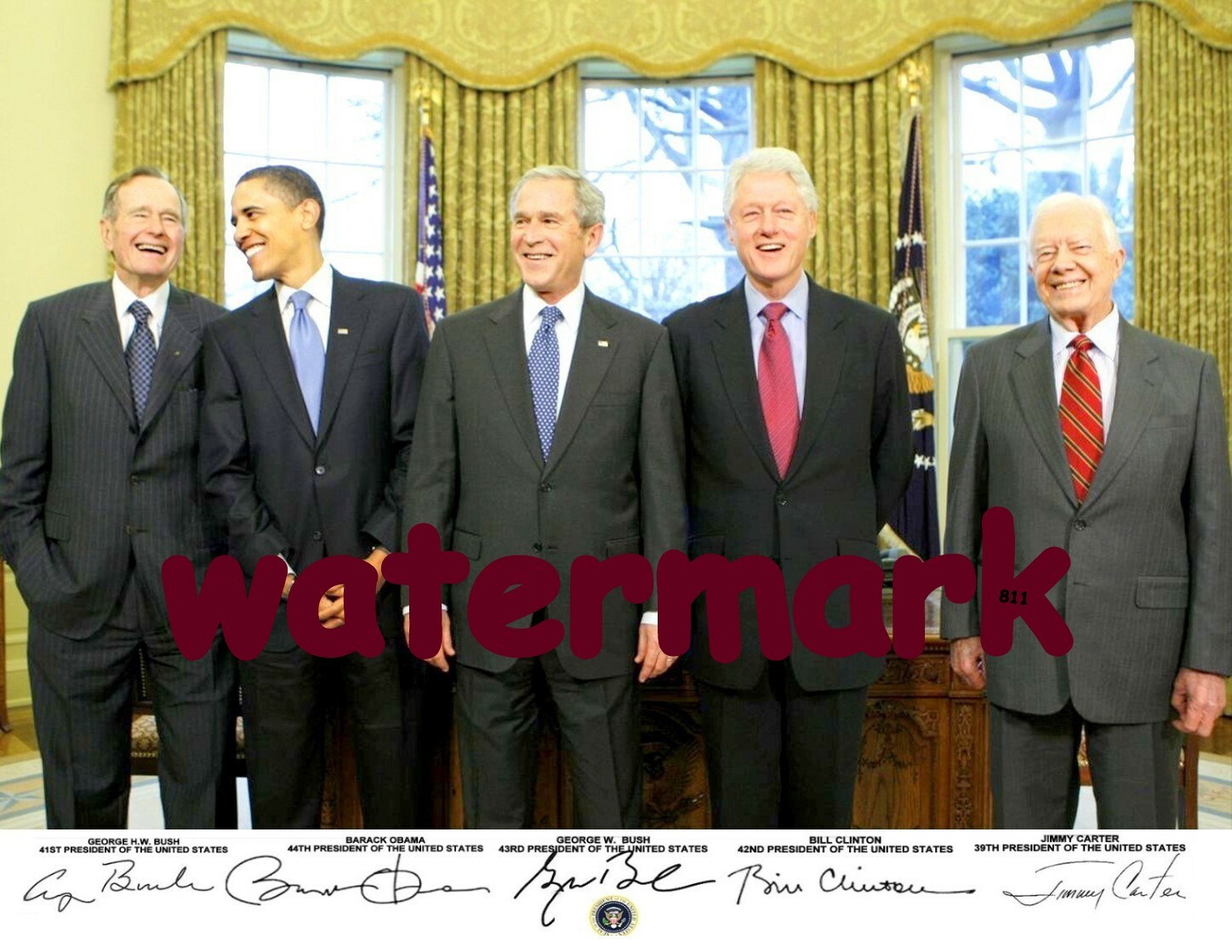 GEORGE HW & W BUSH BARACK OBAMA BILL CLINTON JIMMY CARTER SIGNED PUBLICITY PHOTO