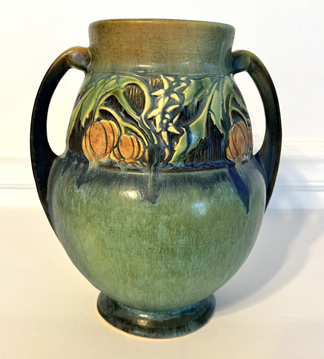 Antique 1932 Roseville Art Pottery Baneda Green Blue Orange  Double Handle Vase