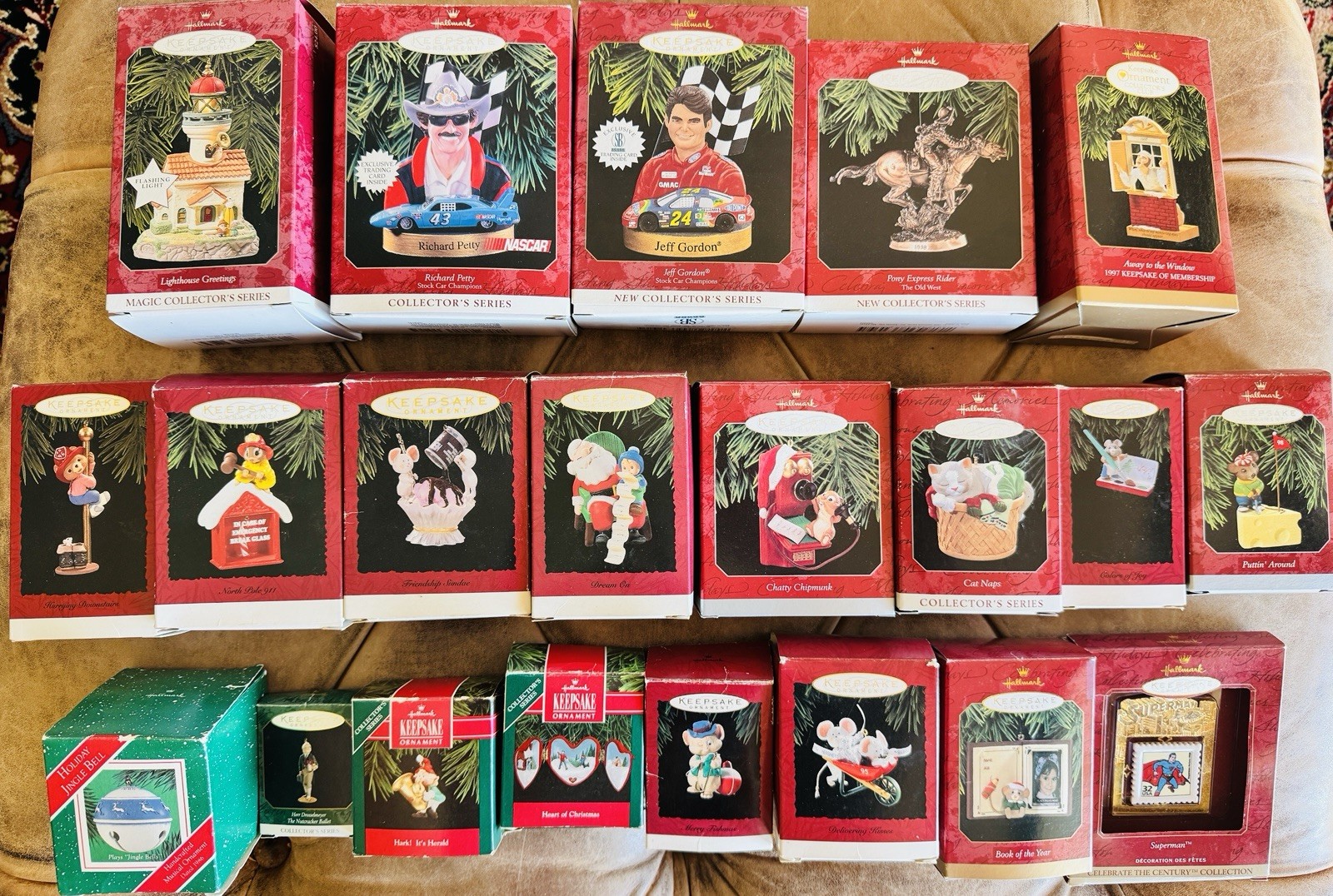 VTG Hallmark Keepsake Ornament Lot 21 Racing, Santa, Firemen, Cat, Mice, Pony