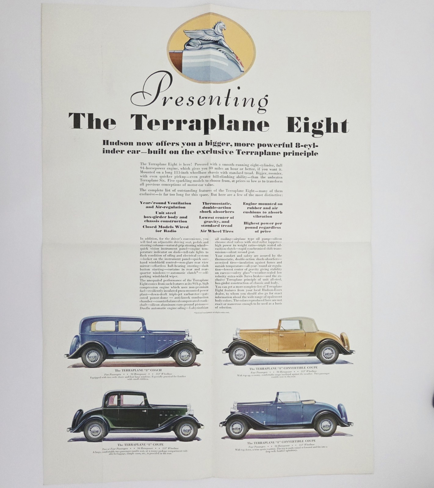 Original 1933 Hudson Terraplane Eight Dealer Literature Showroom Poster Foldout