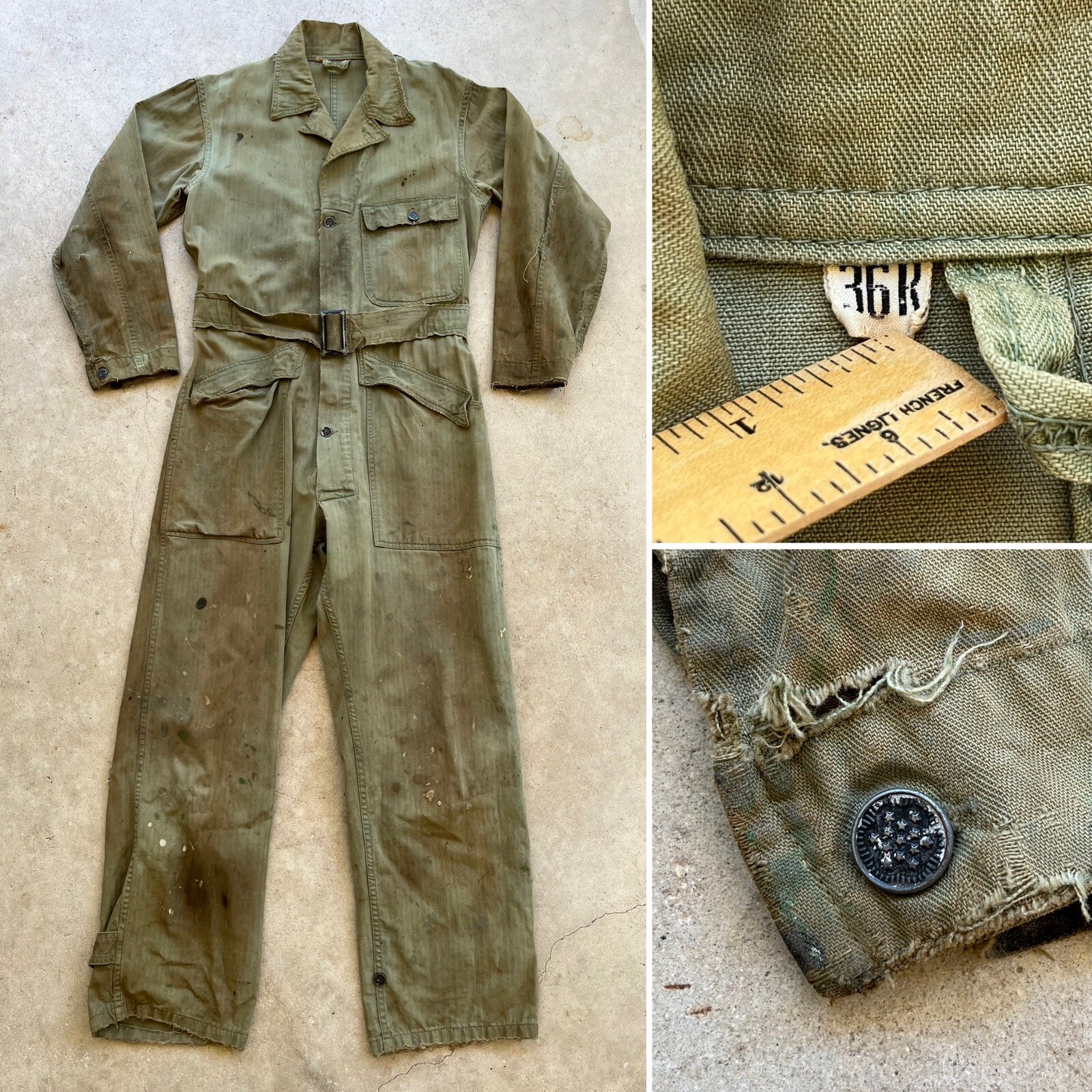 1940s Vtg US HBT 13 Star Button Mechanic 36R Special OD 7 Tanker Coveralls 40s
