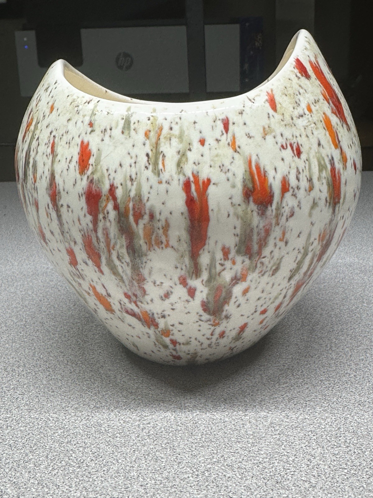 Vintage 1961 Asymmetrical Drip Vase Jar Bowl Cream Orange Muted Green MCM Art