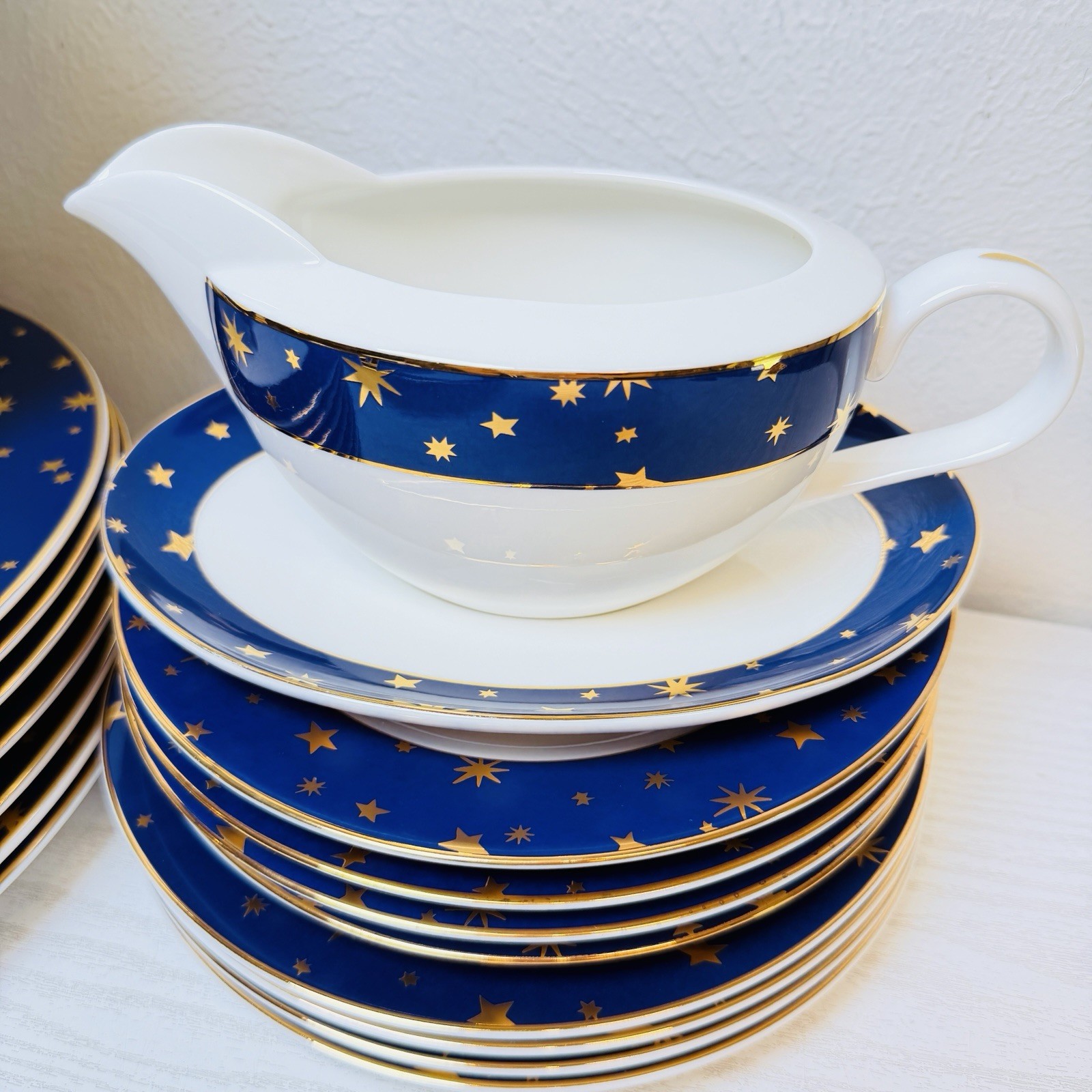 Vintage Sakura Galaxy Porcelain Dinnerware Set Blue 14K Gold Stars Celestial