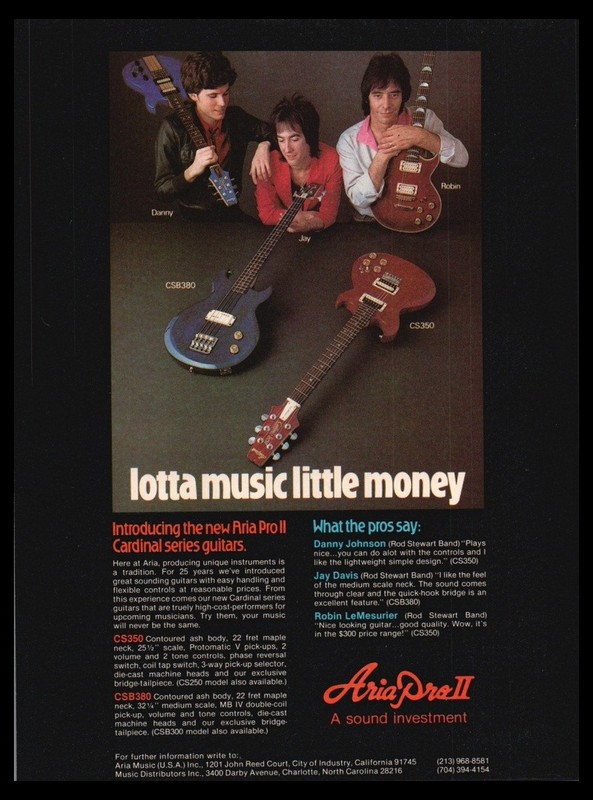 1980 Aria Pro II-Cardinal Guitars- CS 350, CSB 380-Original Vintage print ad