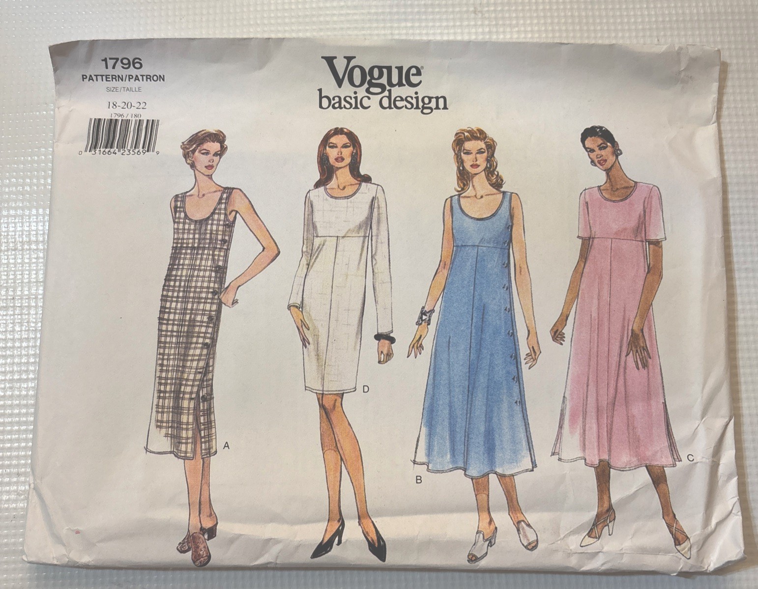 OOP Vogue 1796 Basic Design Everyday Dress Pattern UNCUT Sizes 18-20-22