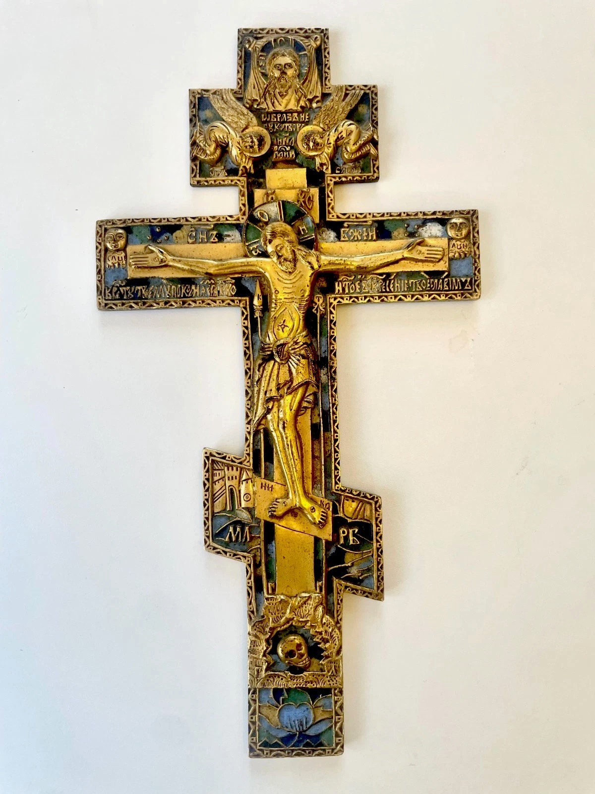 Large Antique 19th C Russian Old Believer Bronze 5 Enamel Kiot Cross 27.3 cm