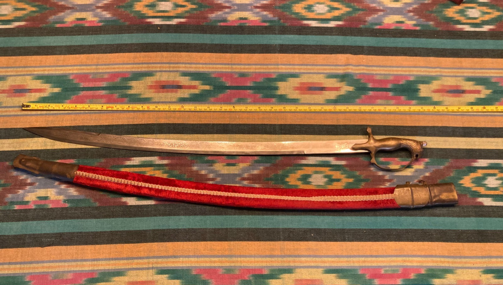 Antique Indian Tulwar Sword Engraved Blade Brass Bird Hilt Red Velvet Scabbard