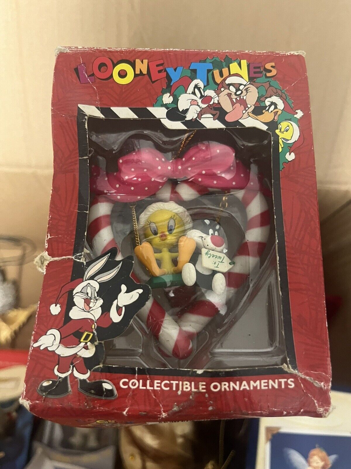 Vintage 1997 Looney Tunes Tweety Bird & Sylvester in a Heart Christmas Ornament
