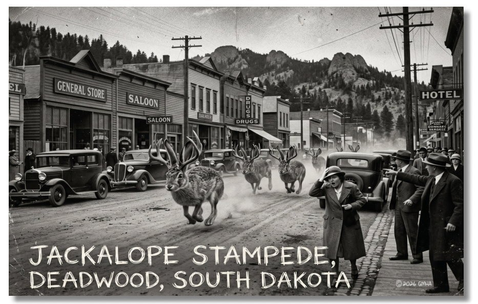 Vintage‑STYLE NEW ART 1930\'s RPPC-JACKALOPE STAMPEDE-DEADWOOD SOUTH DAKOTA-FAUX