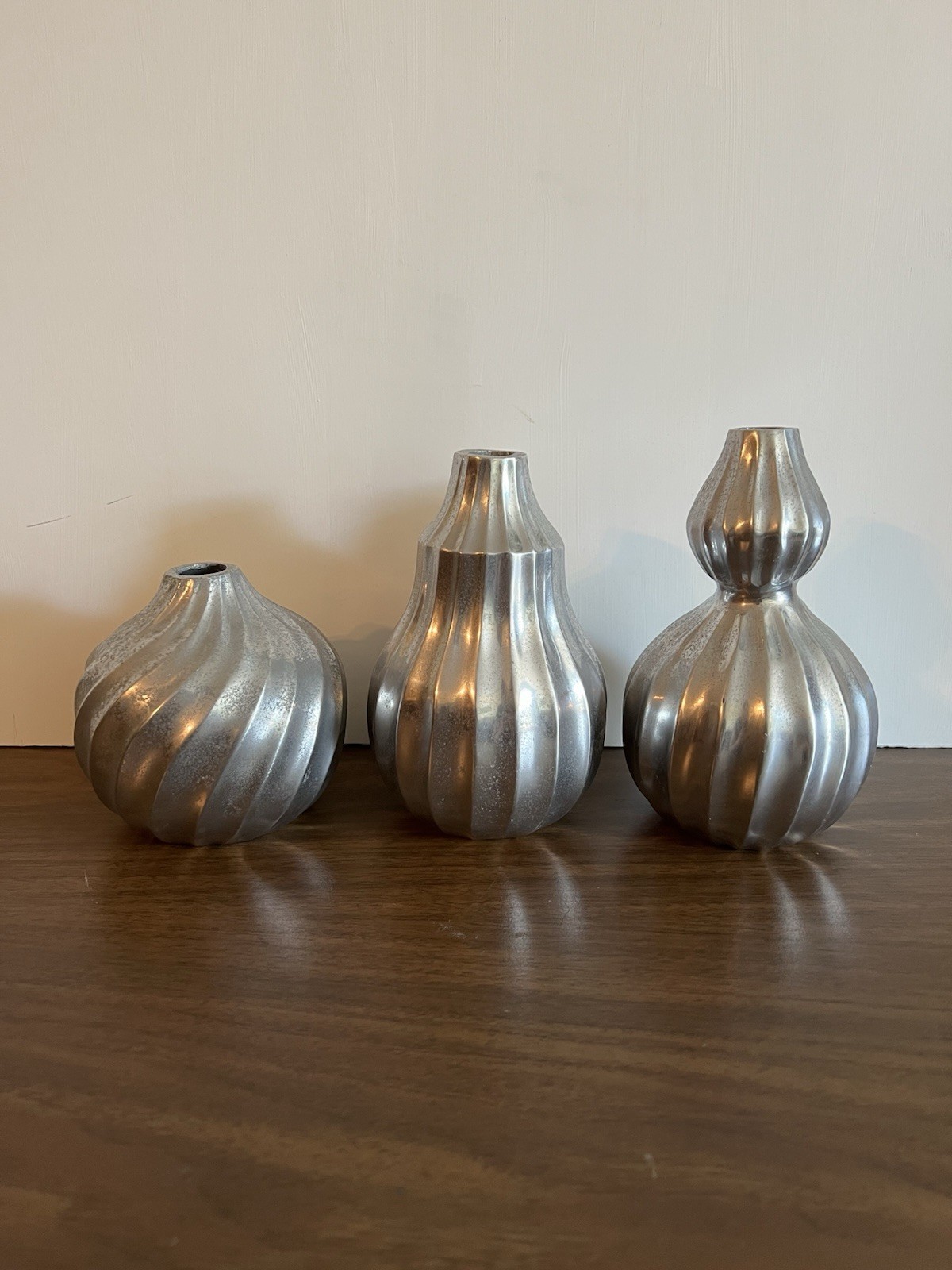 Vintage Modernist Aluminum Vase Set of 3 Ribbed Sculptural Silver Bud Vases MCM