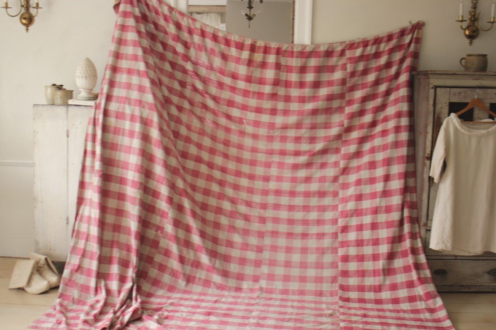 Antique French Vichy check fabric ~ Rose red ~ 1700\'s early c1750-1800
