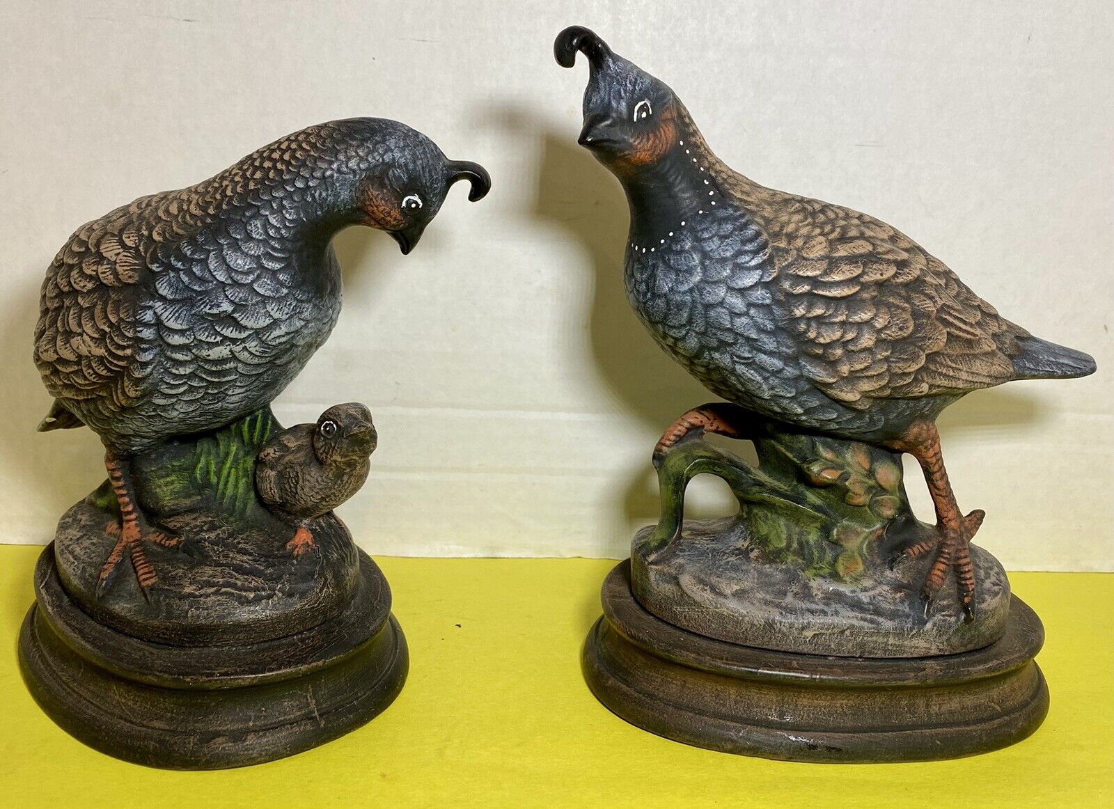 Vintage Ceramic Quail Family Figurines Hand Painted 8” Male & 7” Female w/Chick