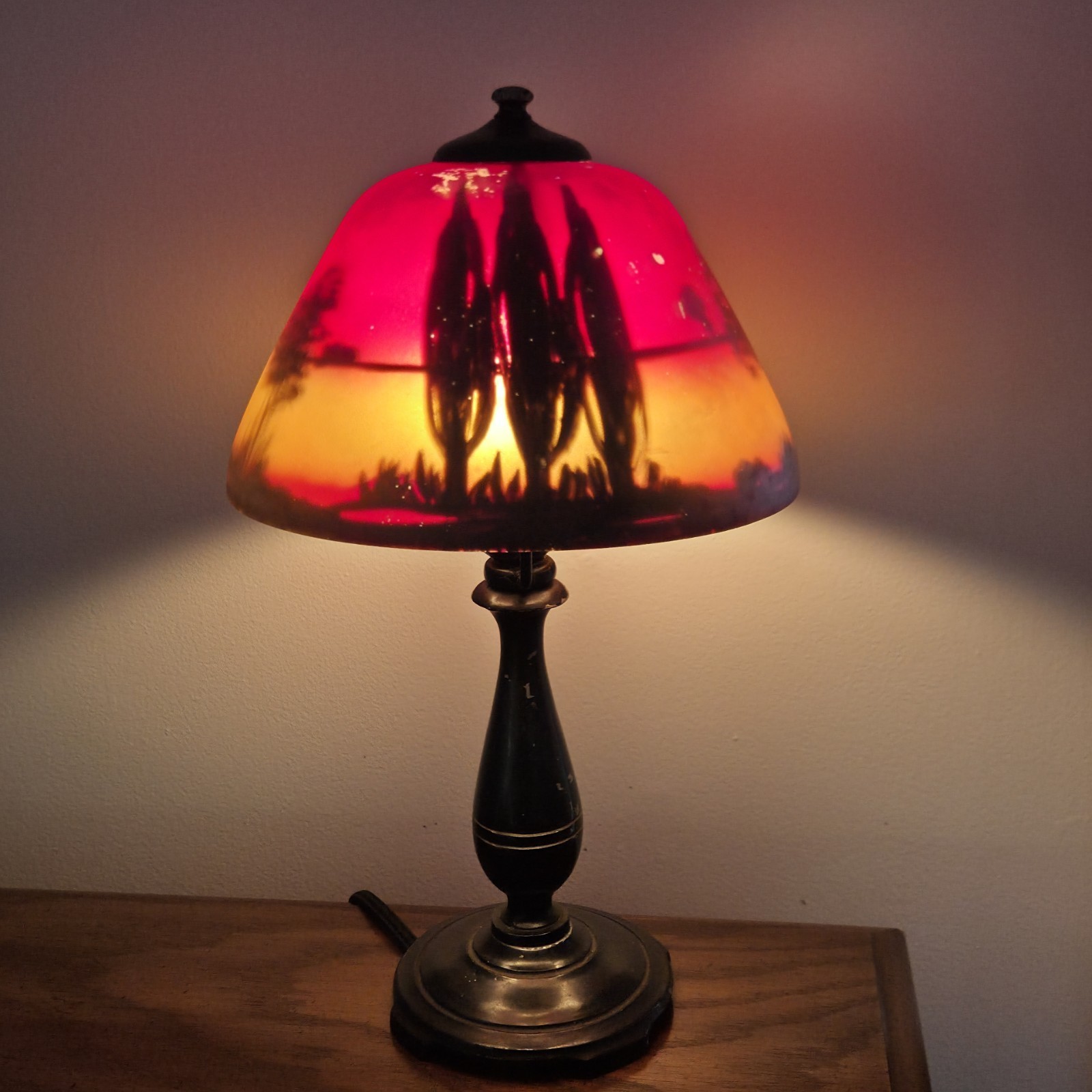 Moe Bridges Table Lamp Reverse Painted  Sunset Landscape Shade